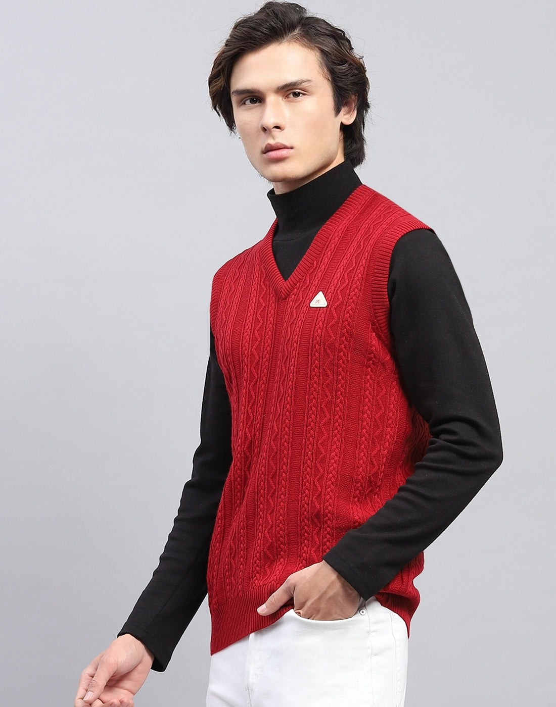 Men Red Self Design V Neck Sleeveless Sweater