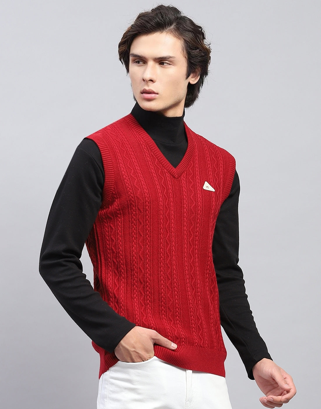 Men Red Self Design V Neck Sleeveless Sweater