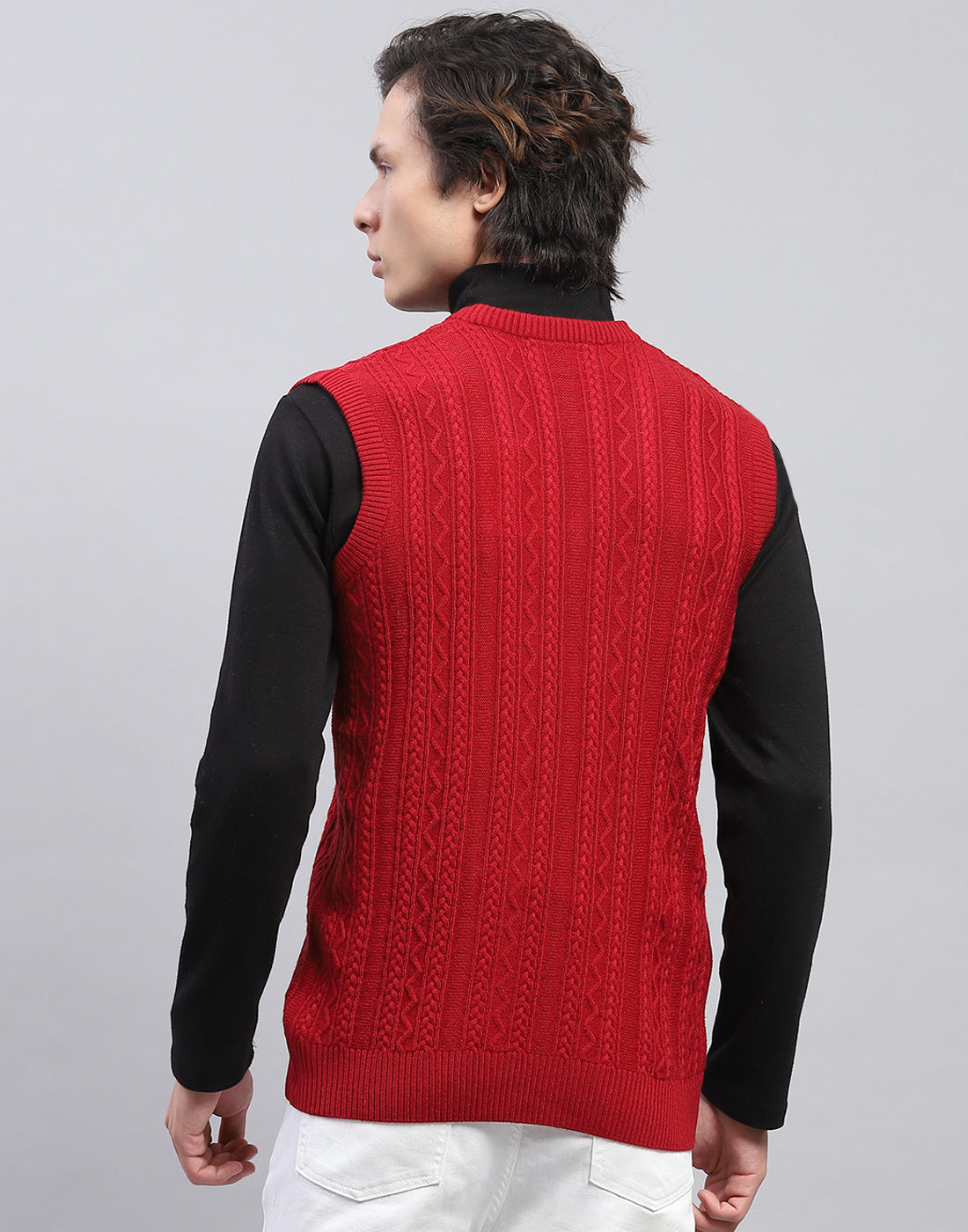 Men Red Self Design V Neck Sleeveless Sweater