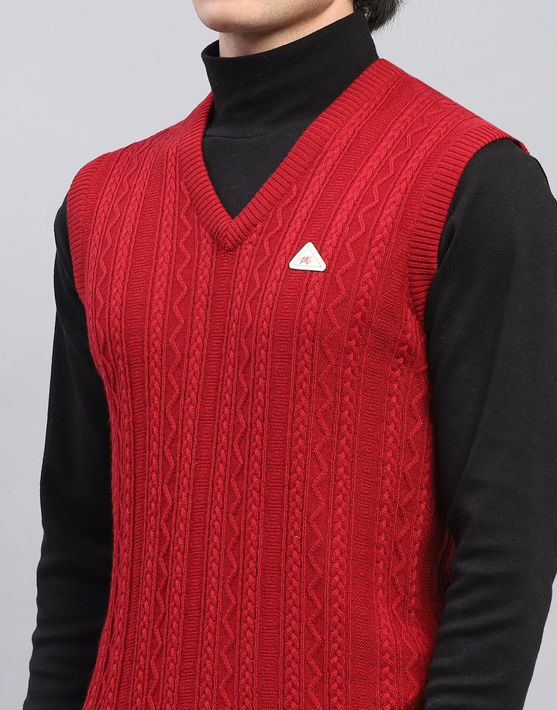 Men Red Self Design V Neck Sleeveless Sweater