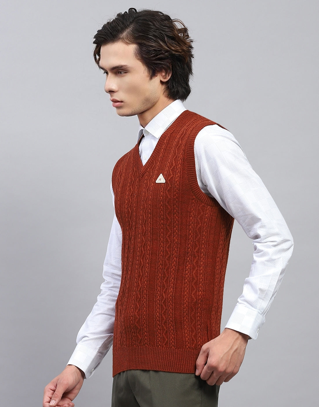 Men Rust Self Design V Neck Sleeveless Sweater