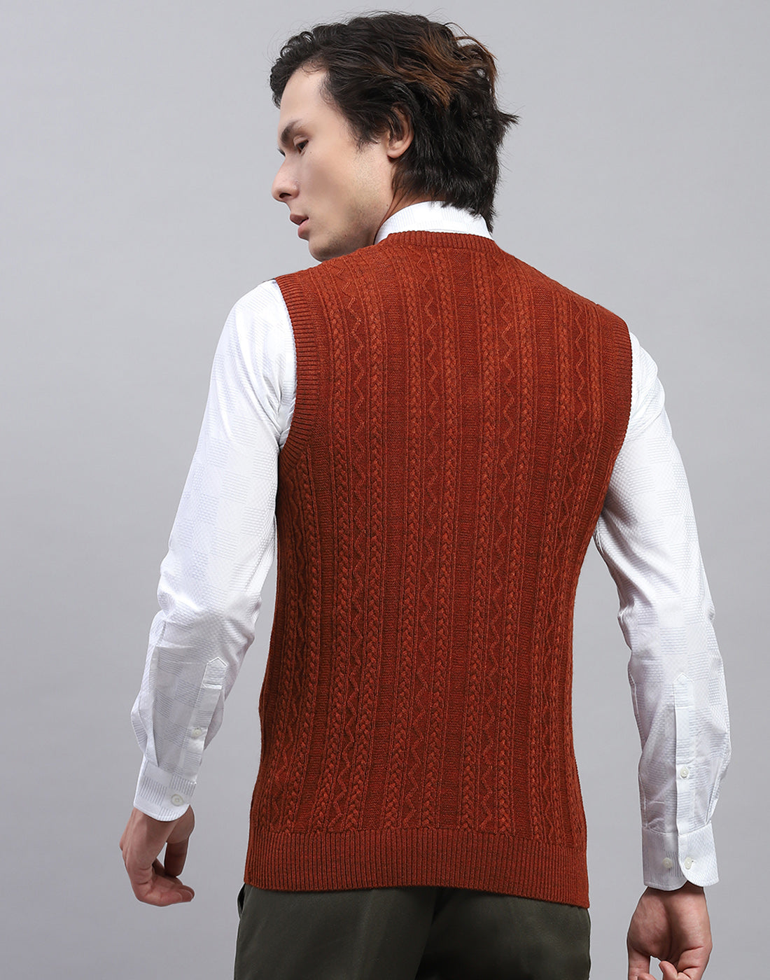 Men Rust Self Design V Neck Sleeveless Sweater