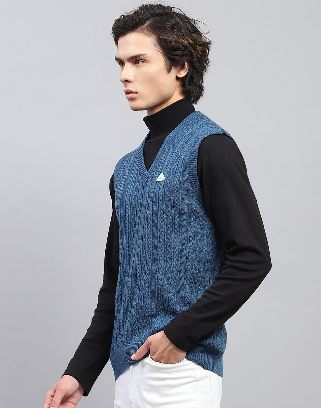 Men Blue Self Design V Neck Sleeveless Sweater