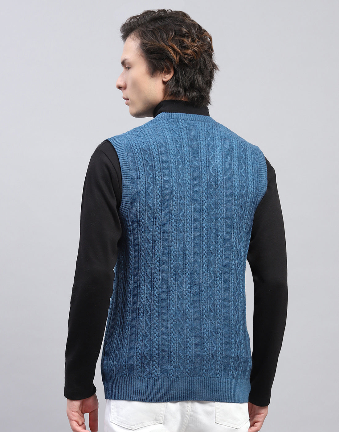 Men Blue Self Design V Neck Sleeveless Sweater