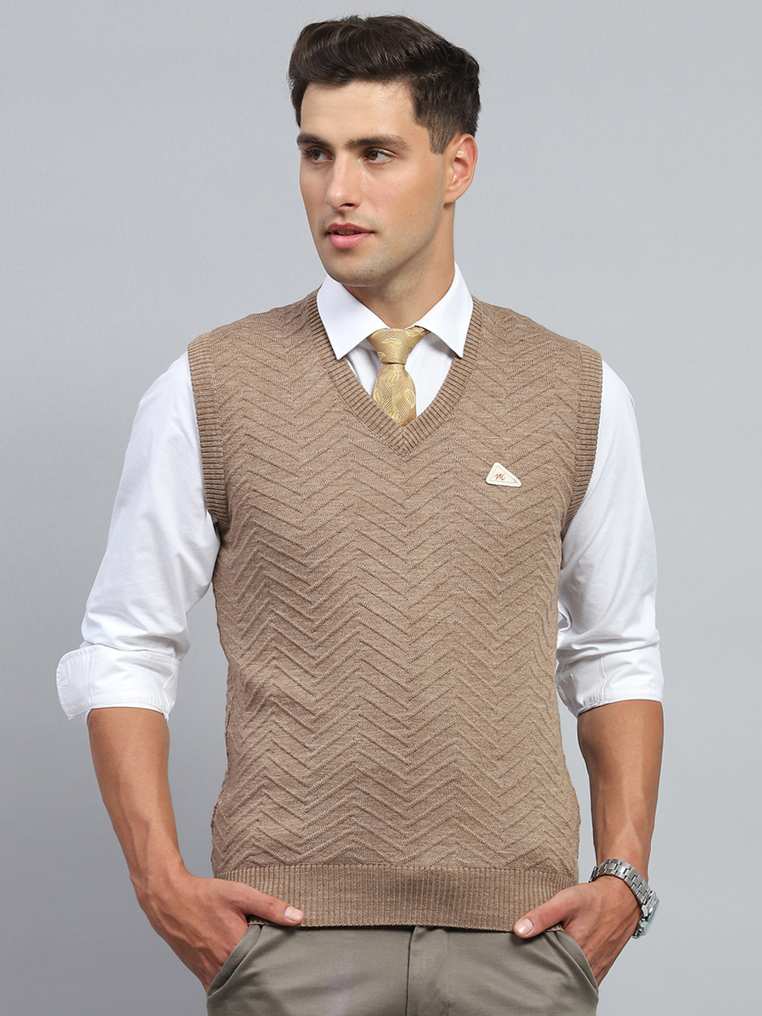 Men Brown Self Design V Neck Sleeveless Sweater