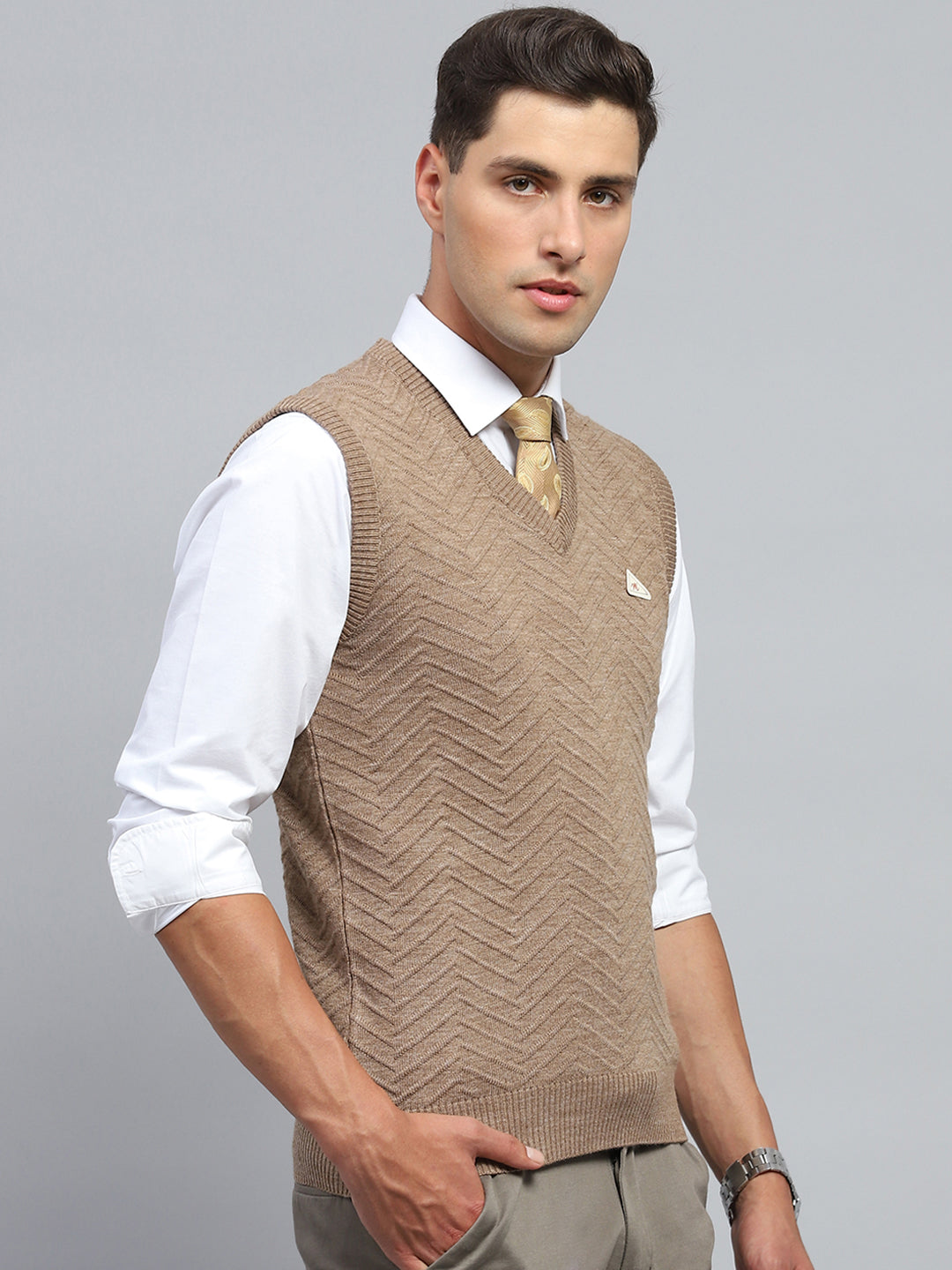 Men Brown Self Design V Neck Sleeveless Sweater