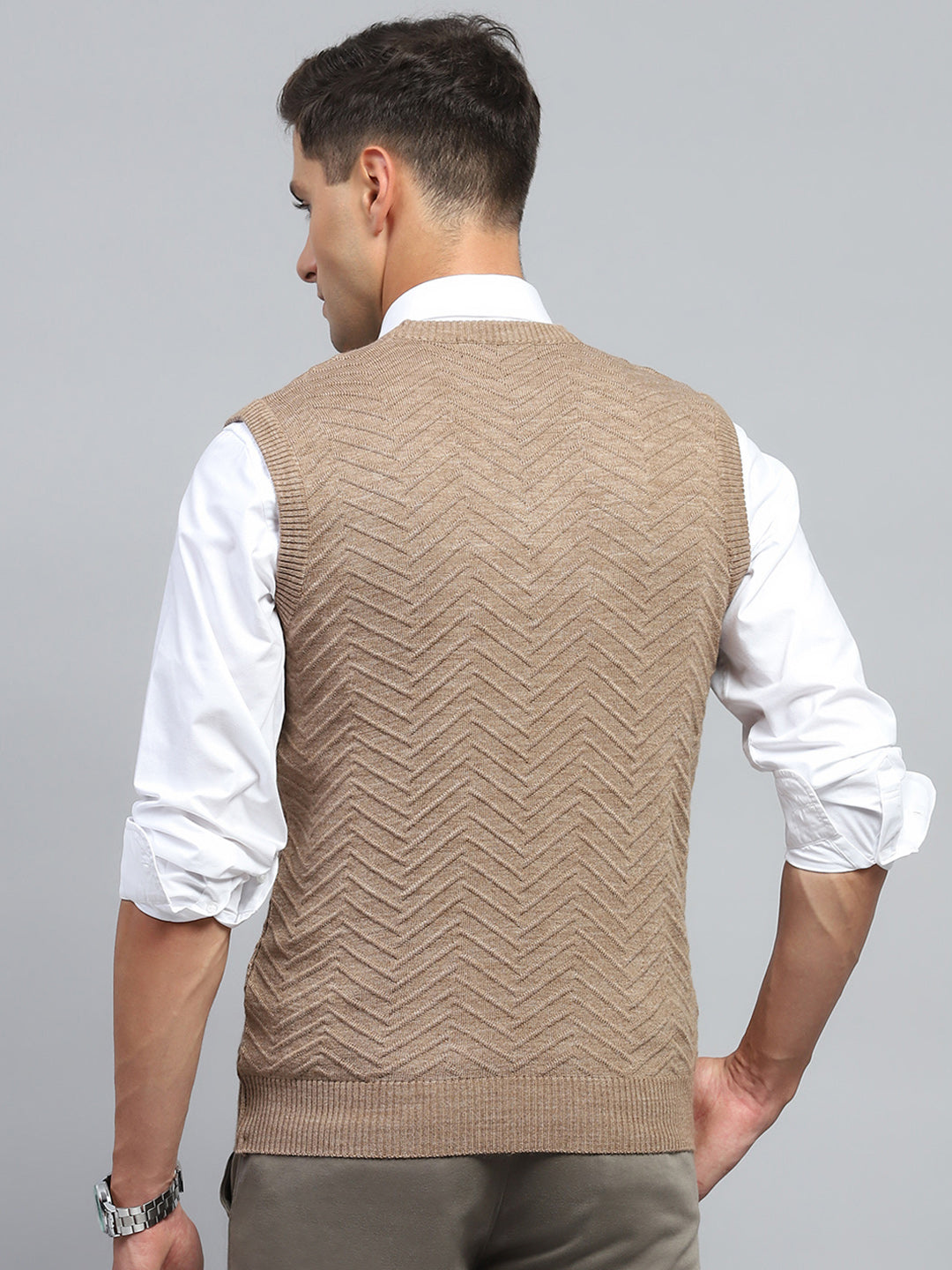 Men Brown Self Design V Neck Sleeveless Sweater