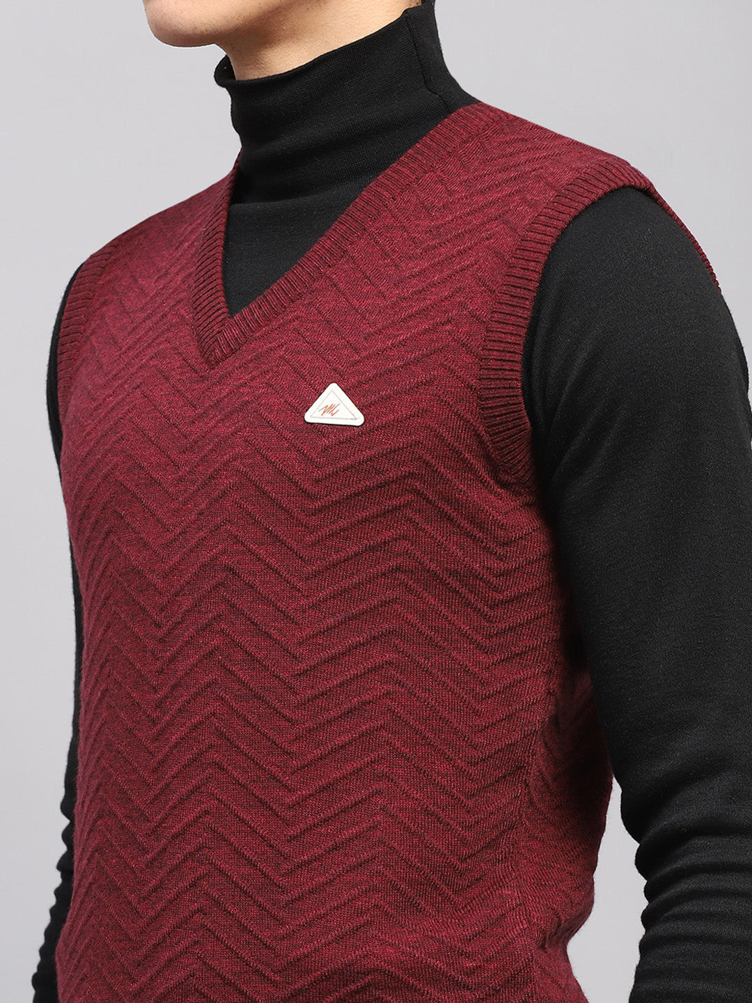 Men Maroon Self Design V Neck Sleeveless Sweater