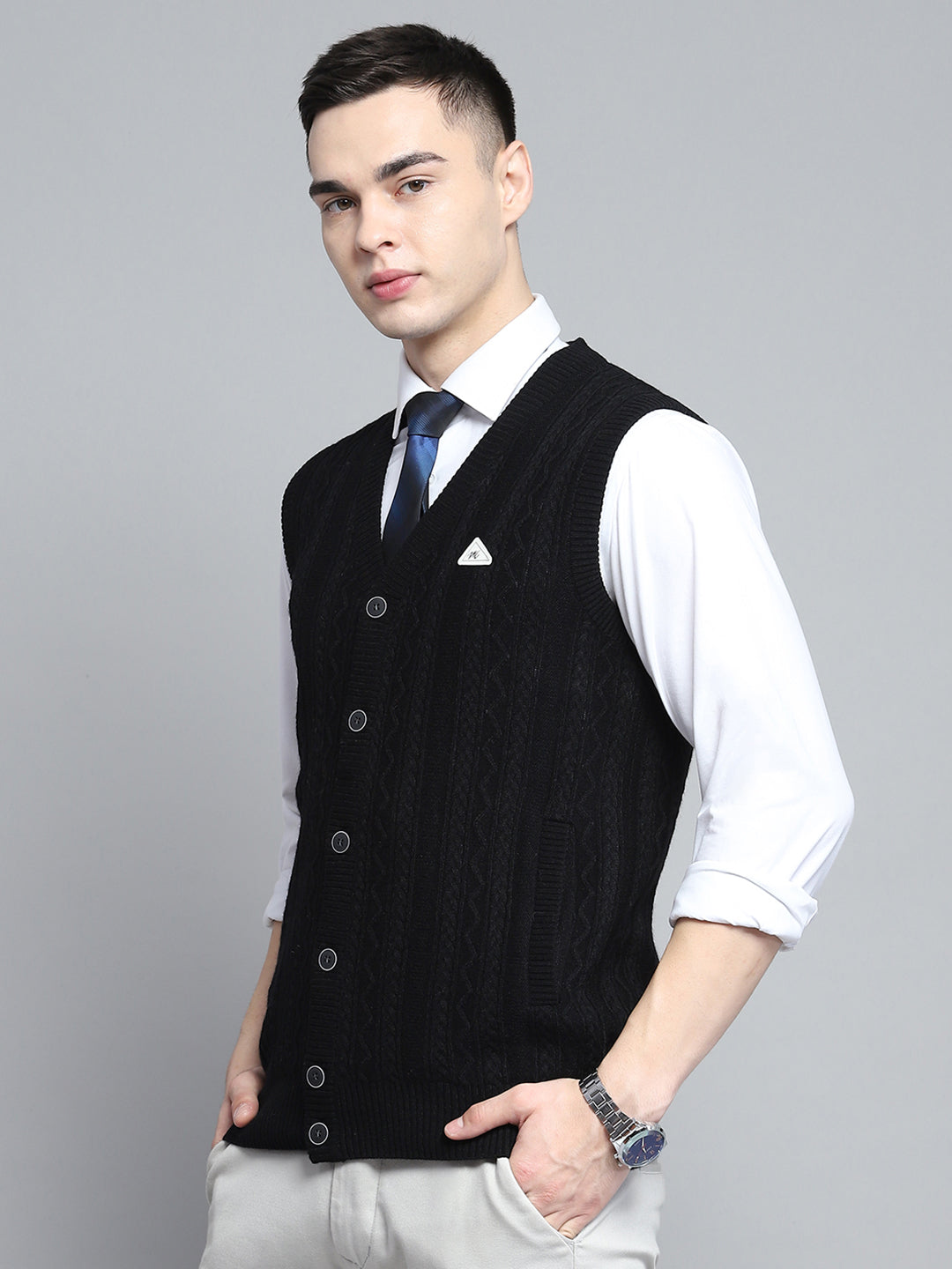 Men Black Self Design V Neck Sleeveless Cardigan