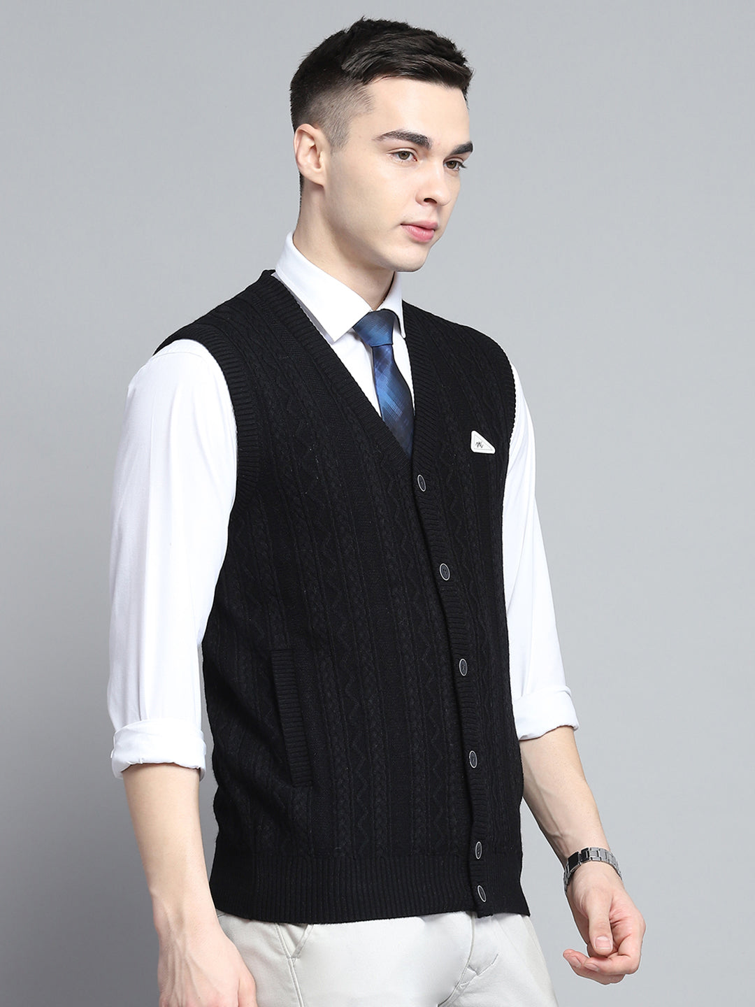 Men Black Self Design V Neck Sleeveless Cardigan