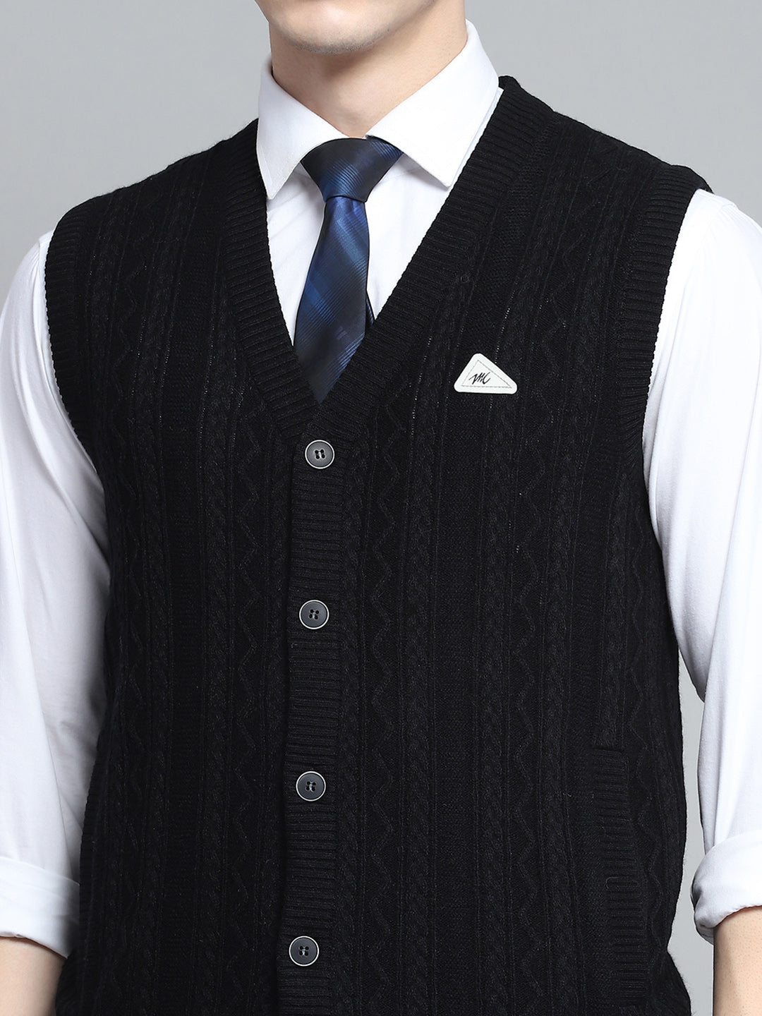 Men Black Self Design V Neck Sleeveless Cardigan