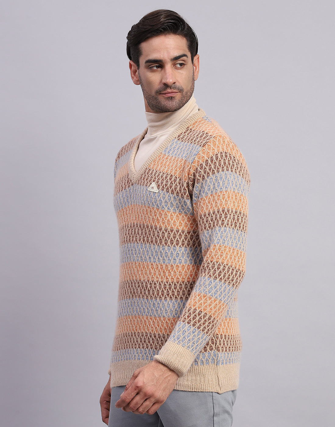 Men Camel Brown Self Design V Neck Full Sleeve Pullover