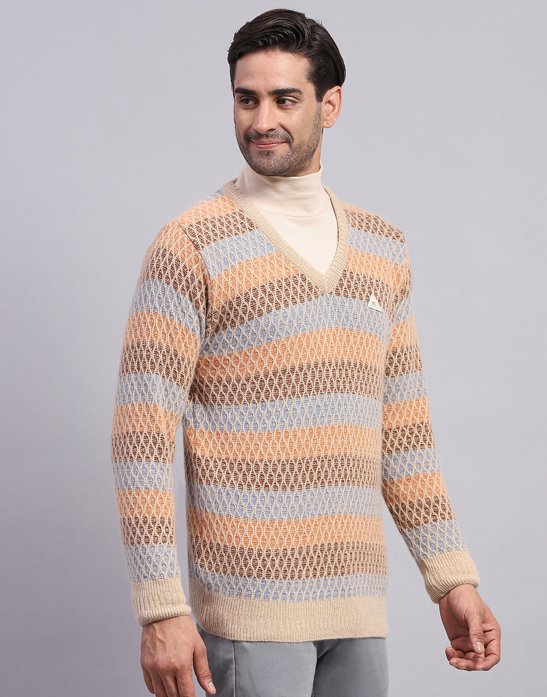 Men Camel Brown Self Design V Neck Full Sleeve Pullover