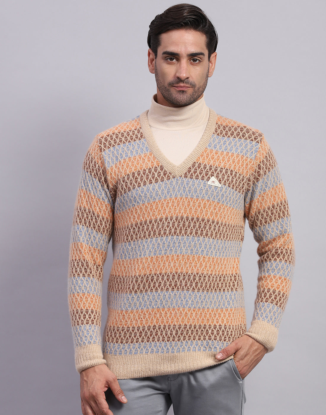 Men Camel Brown Self Design V Neck Full Sleeve Pullover