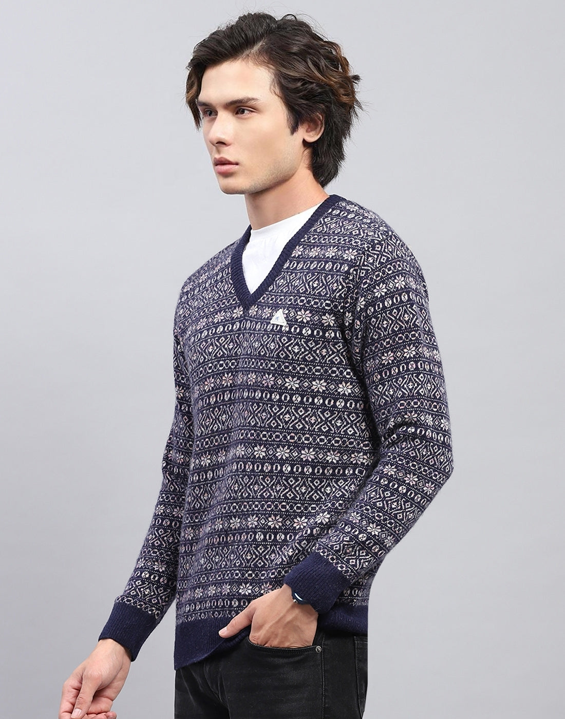 Men Navy Blue Self Design V Neck Full Sleeve Pullover