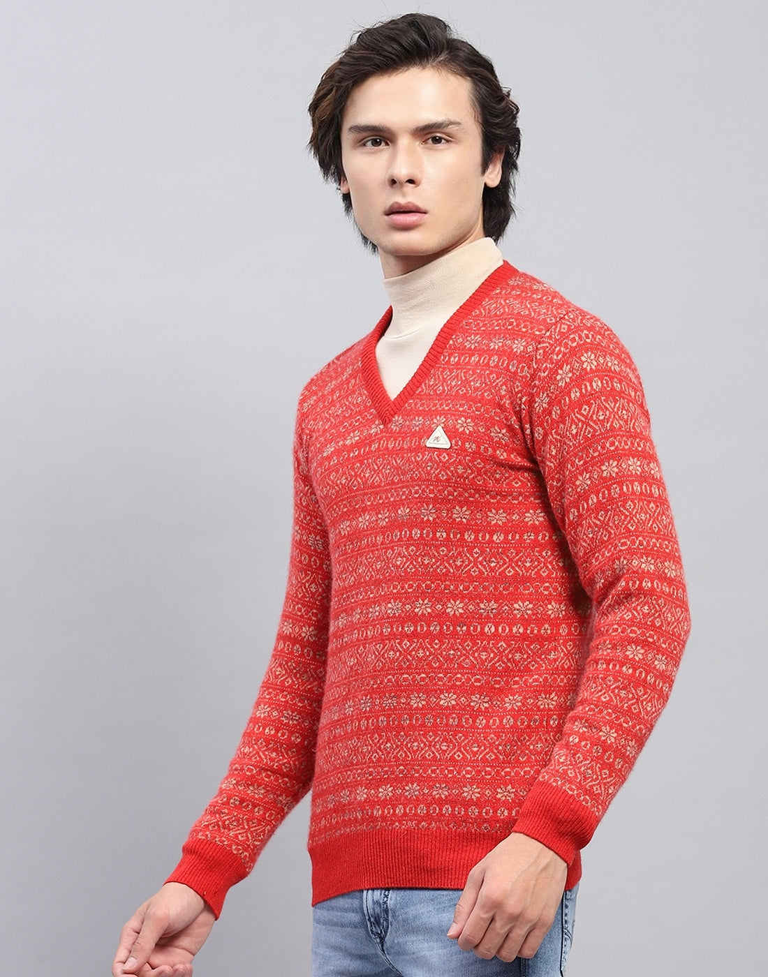 Men Red Self Design V Neck Full Sleeve Pullover