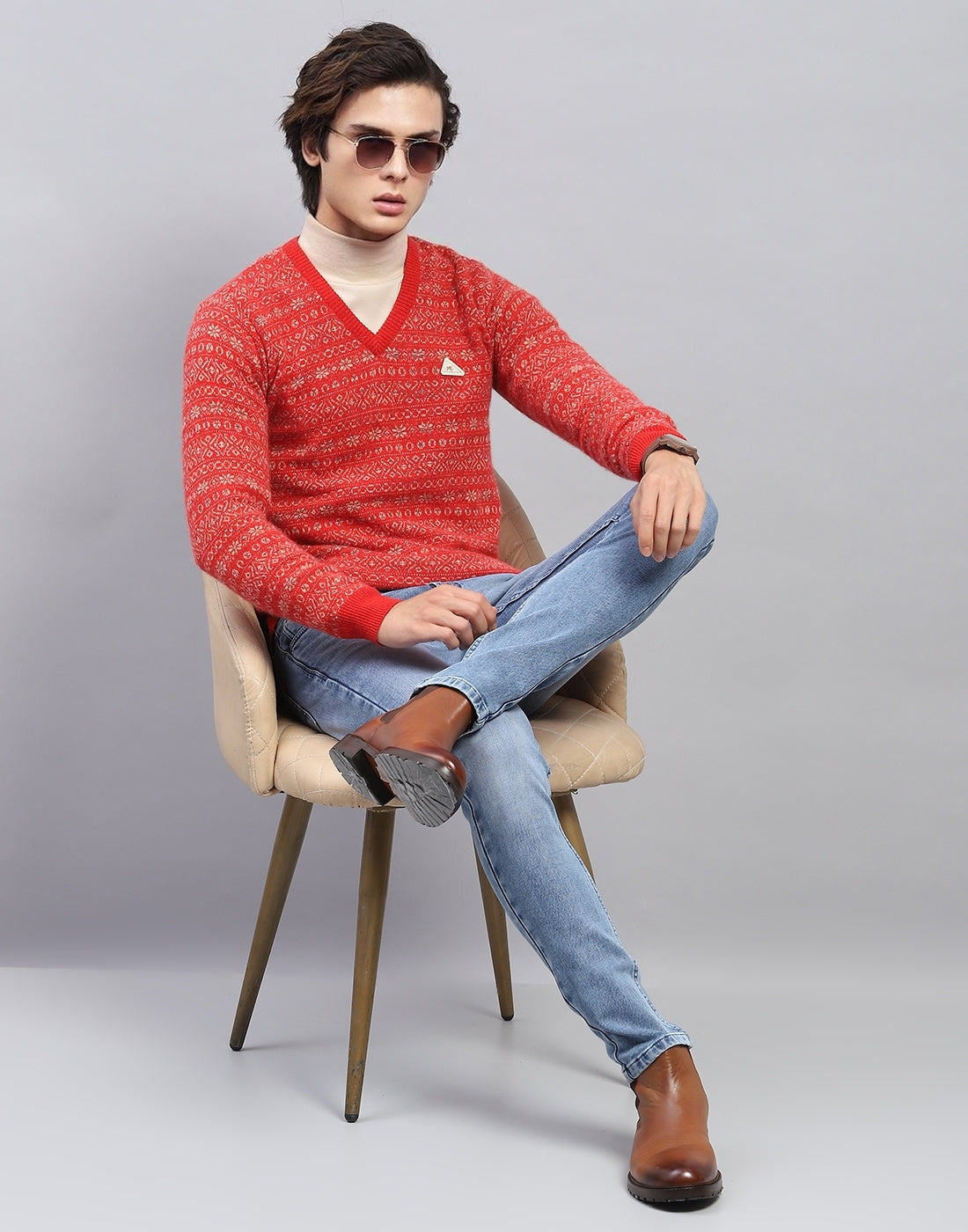 Men Red Self Design V Neck Full Sleeve Pullover