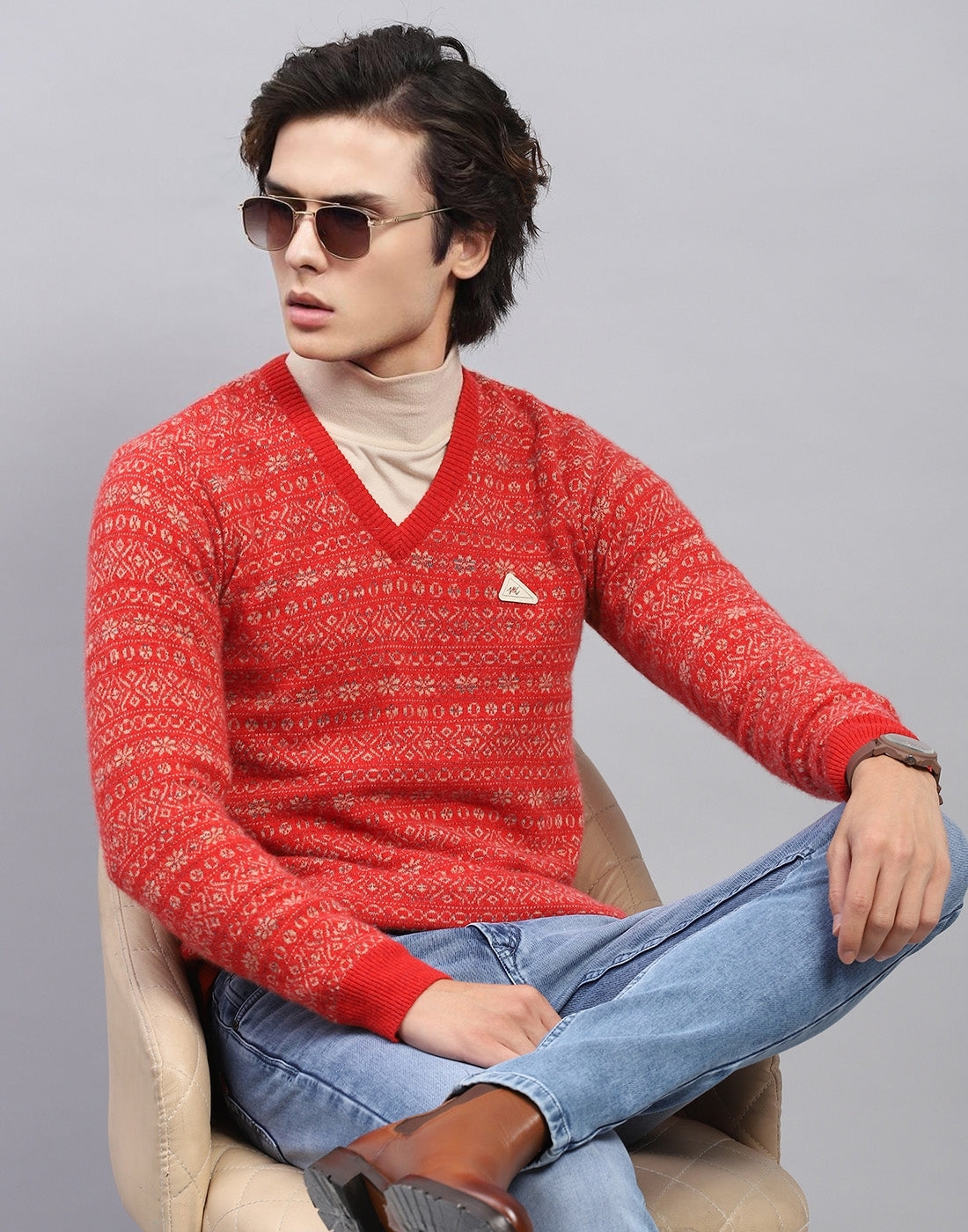 Men Red Self Design V Neck Full Sleeve Pullover