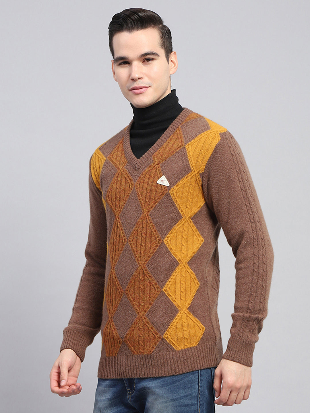 Men Brown Self Design V Neck Full Sleeve Pullover