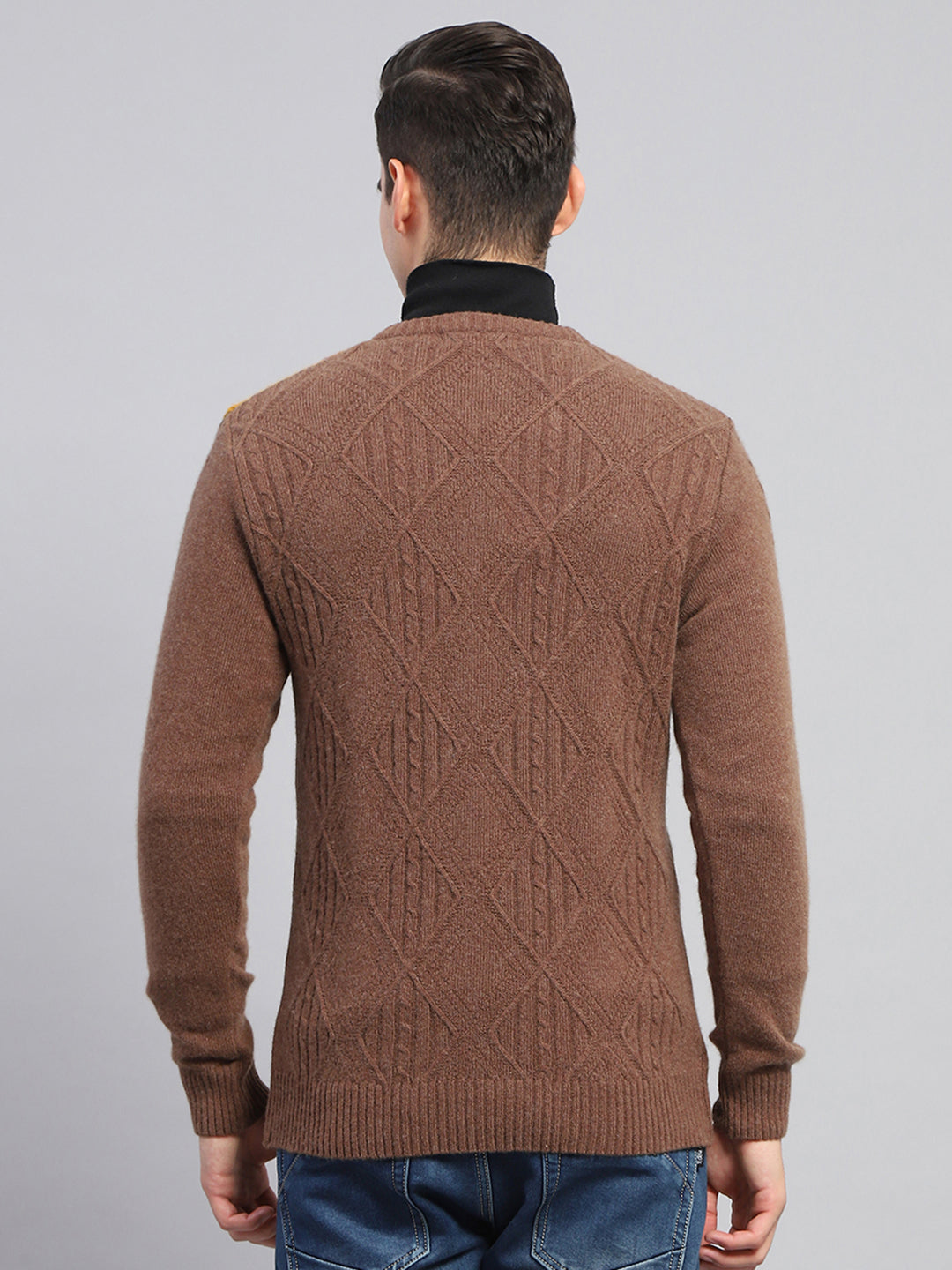 Men Brown Self Design V Neck Full Sleeve Pullover