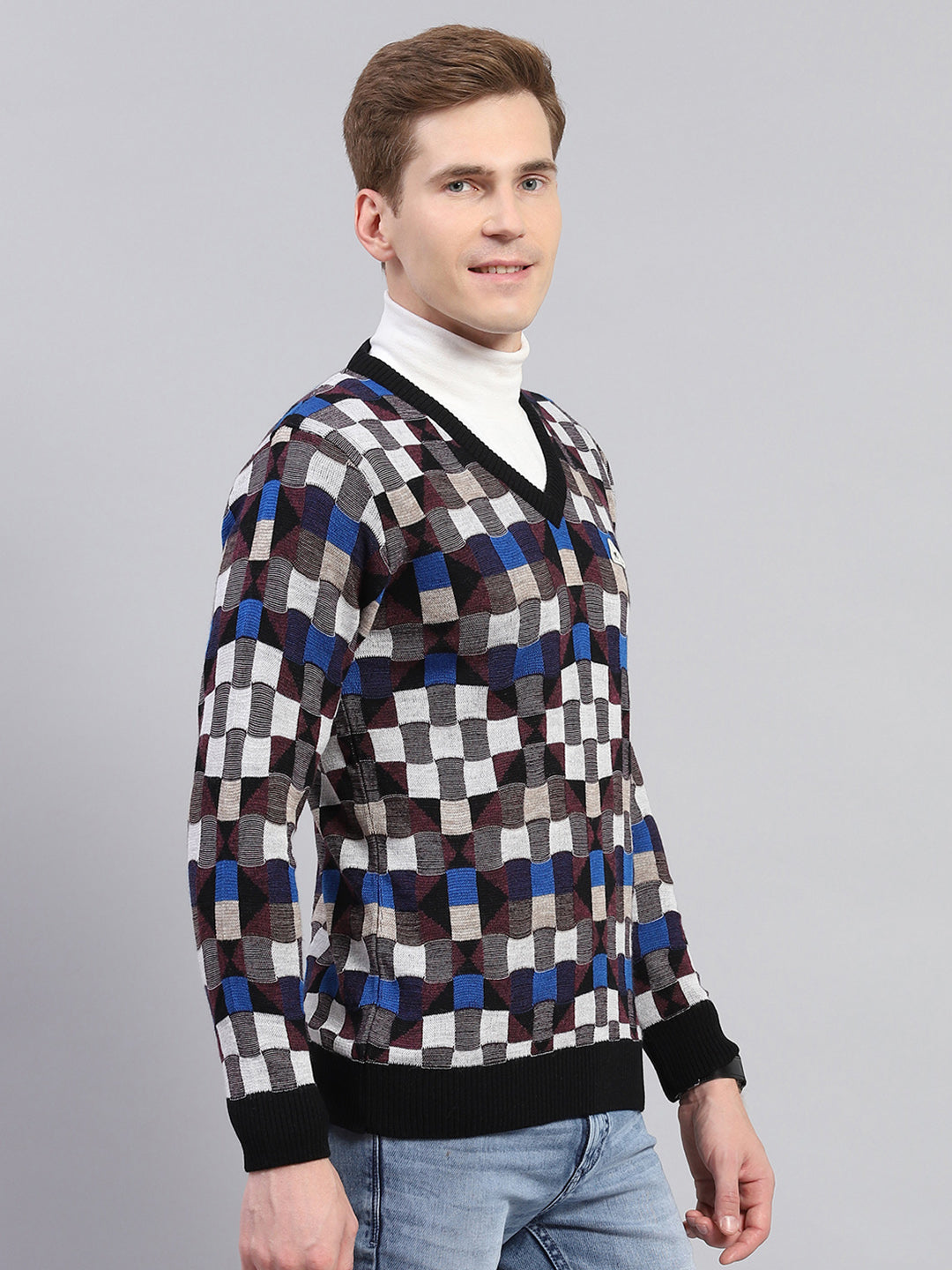 Men Multicolor Check V Neck Full Sleeve Pullover