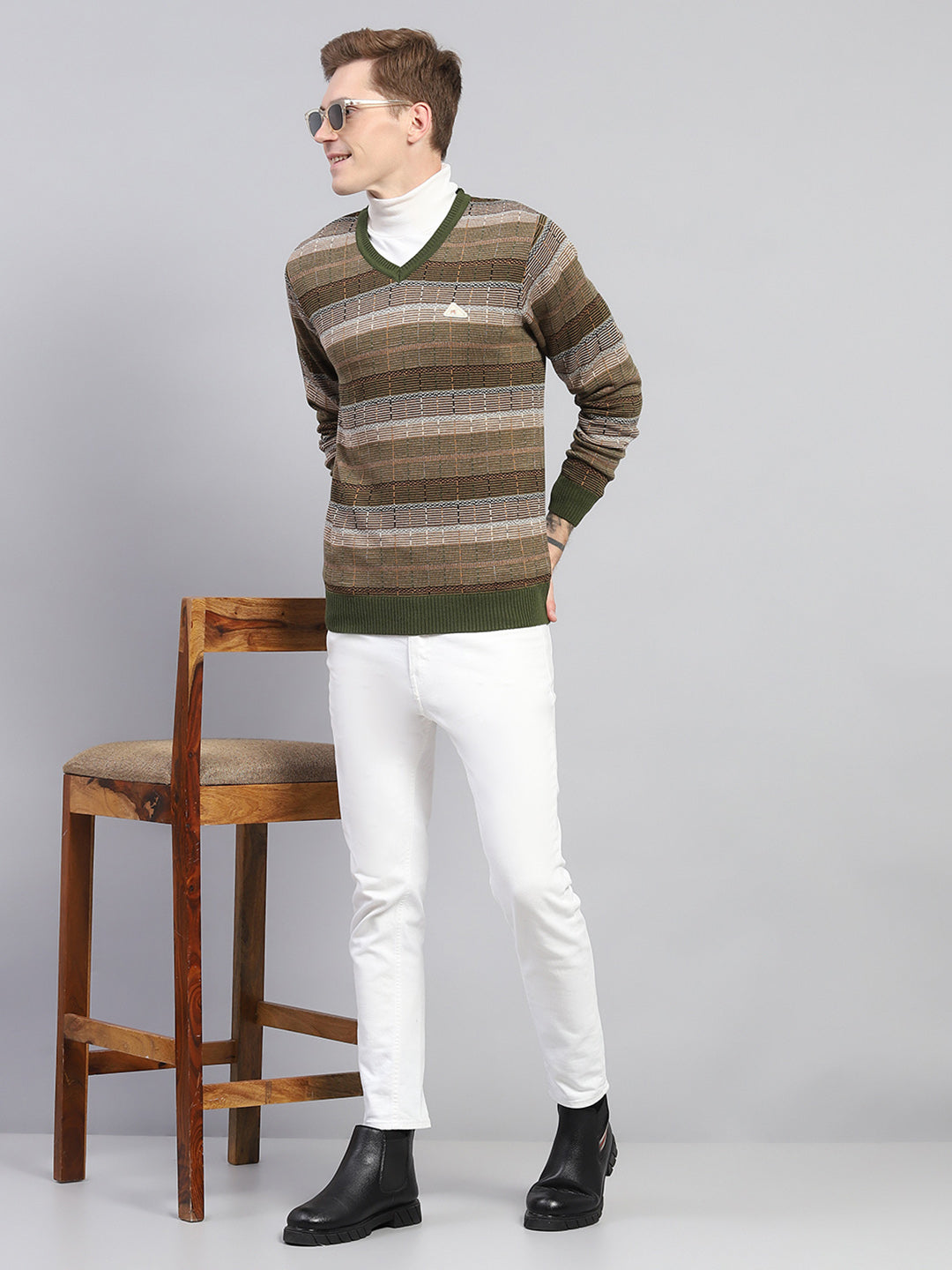 Men Green & Brown Stripe V Neck Full Sleeve Pullover