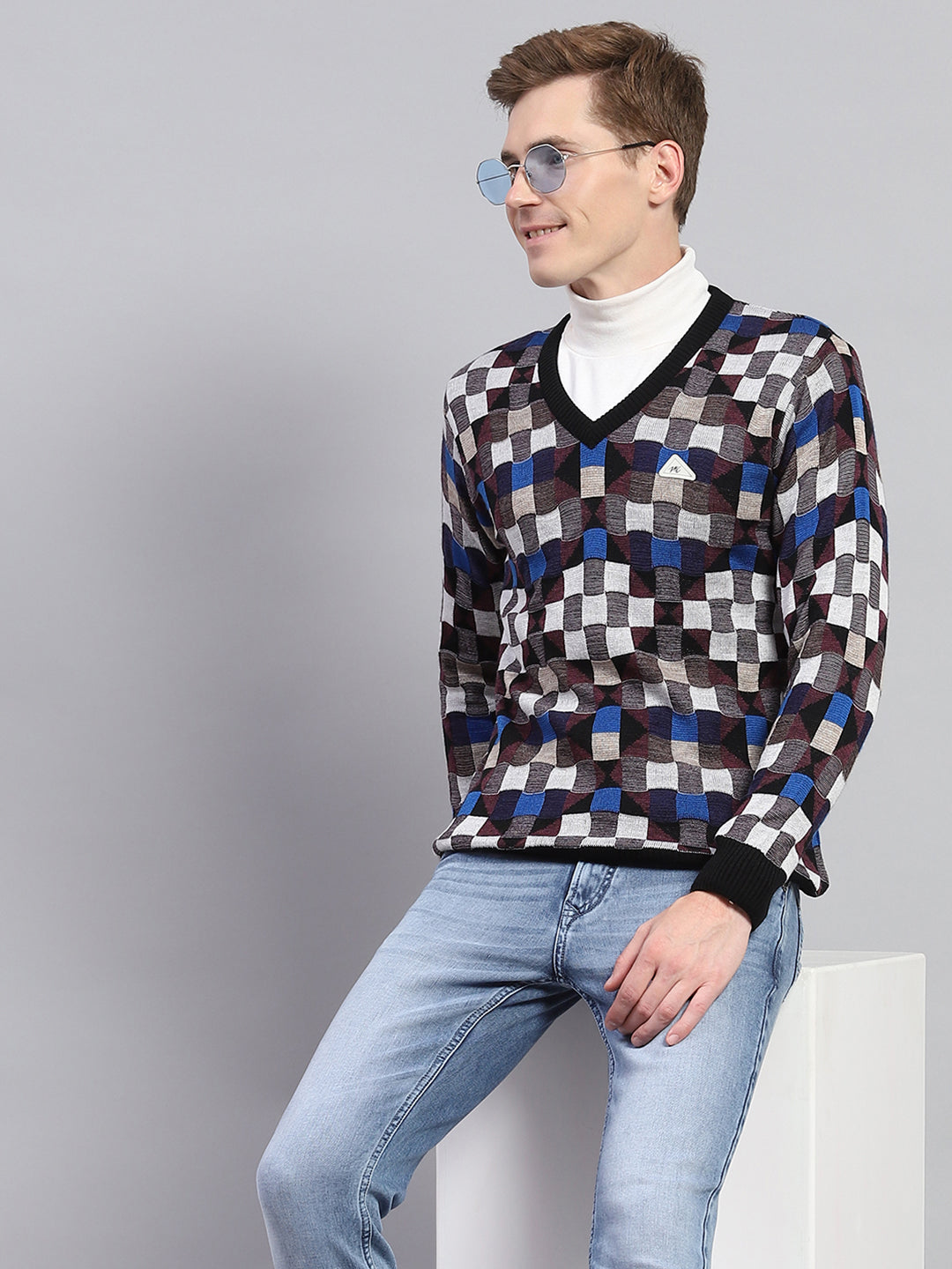 Men Multicolor Check V Neck Full Sleeve Pullover