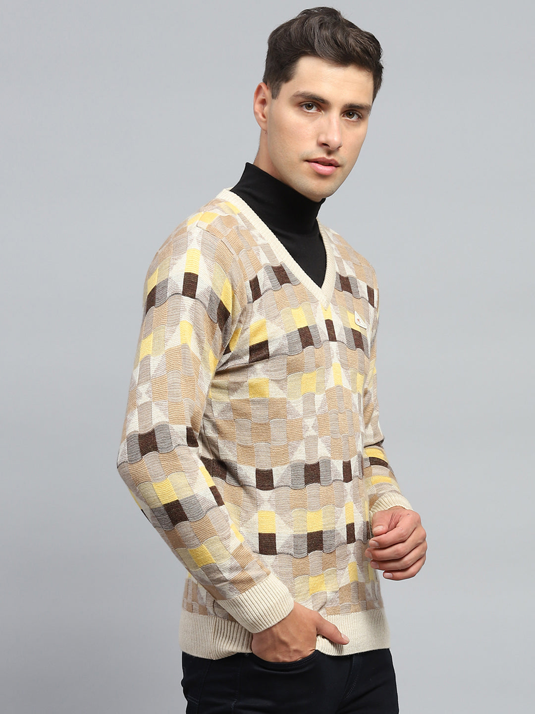 Men Beige Check V Neck Full Sleeve Pullover