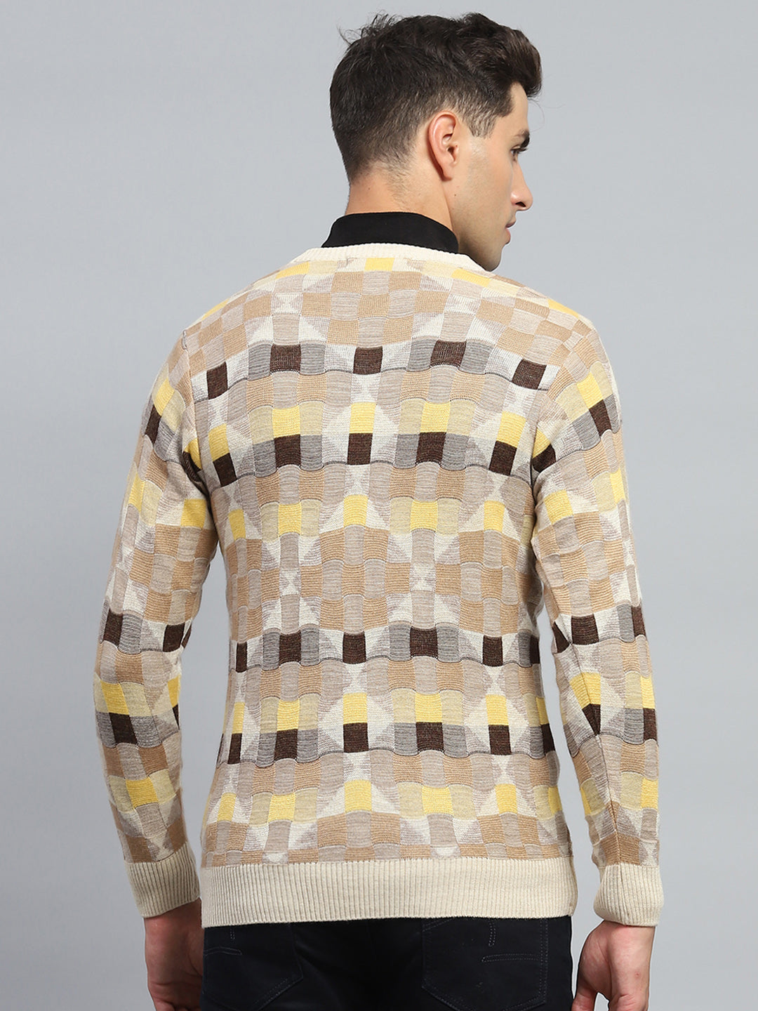 Men Beige Check V Neck Full Sleeve Pullover