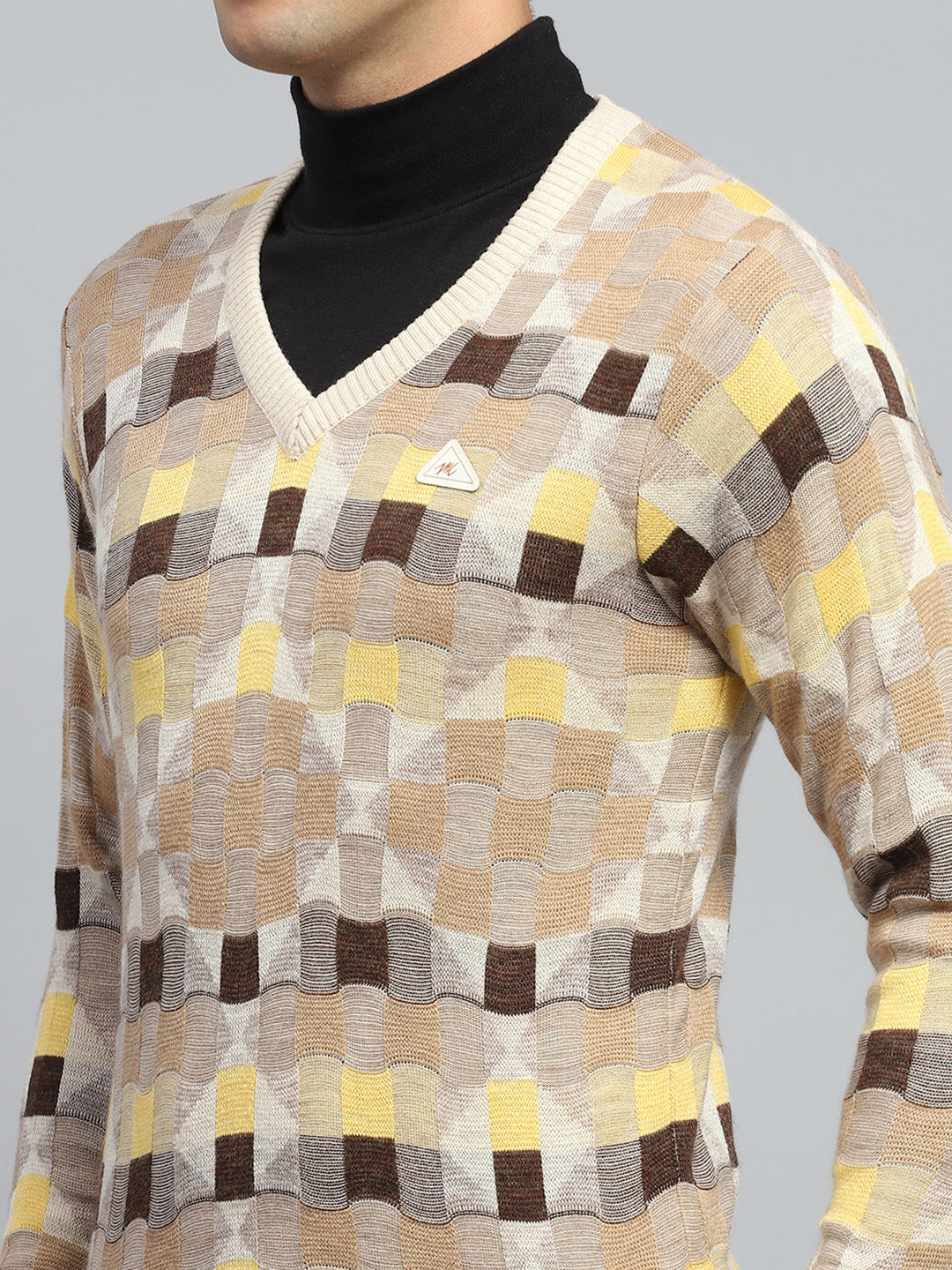 Men Beige Check V Neck Full Sleeve Pullover