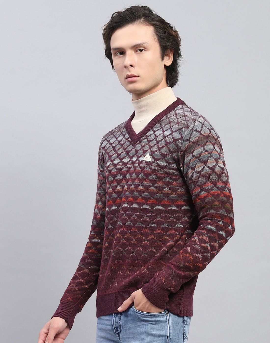 Men Maroon Self Design V Neck Full Sleeve Pullover