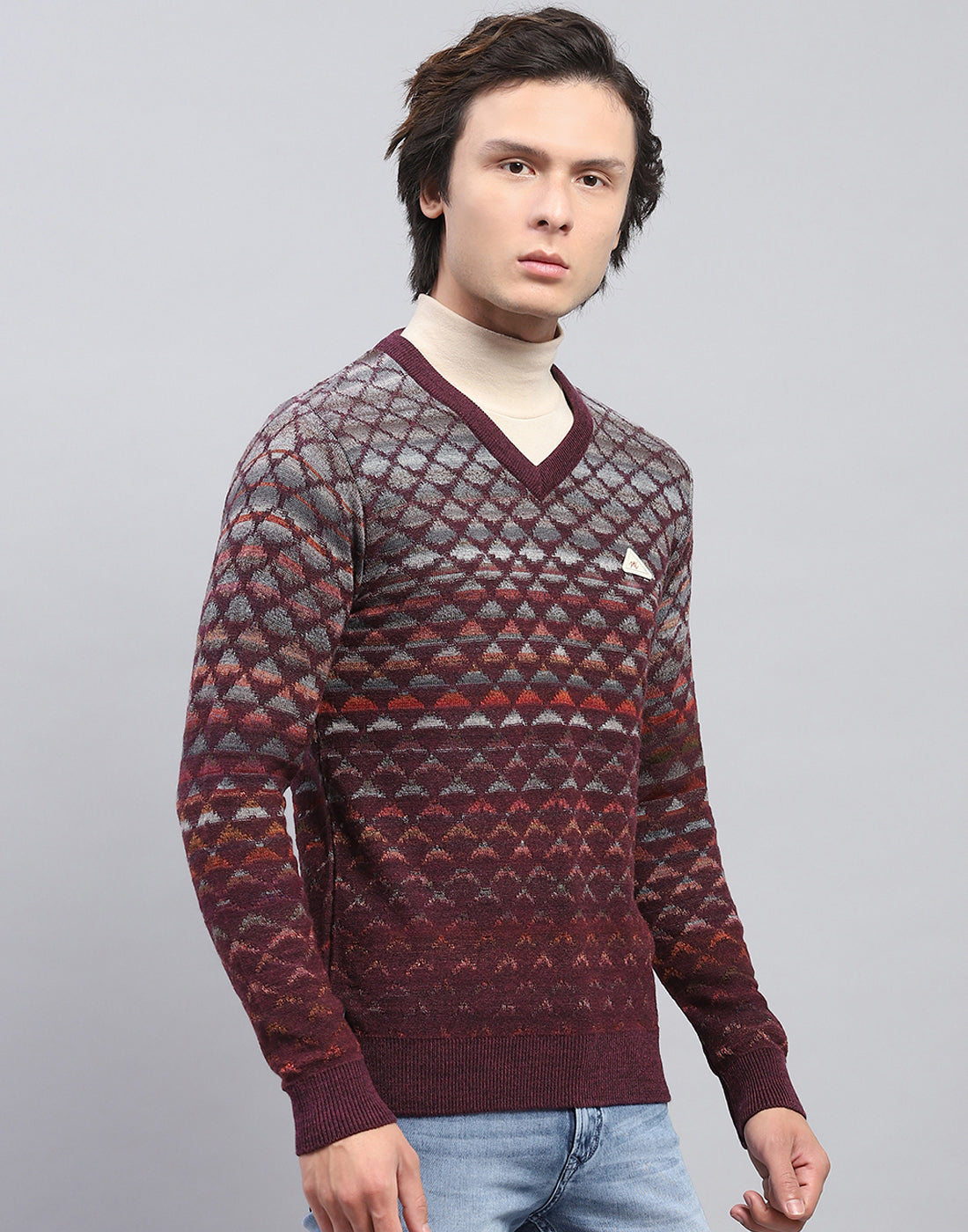 Men Maroon Self Design V Neck Full Sleeve Pullover