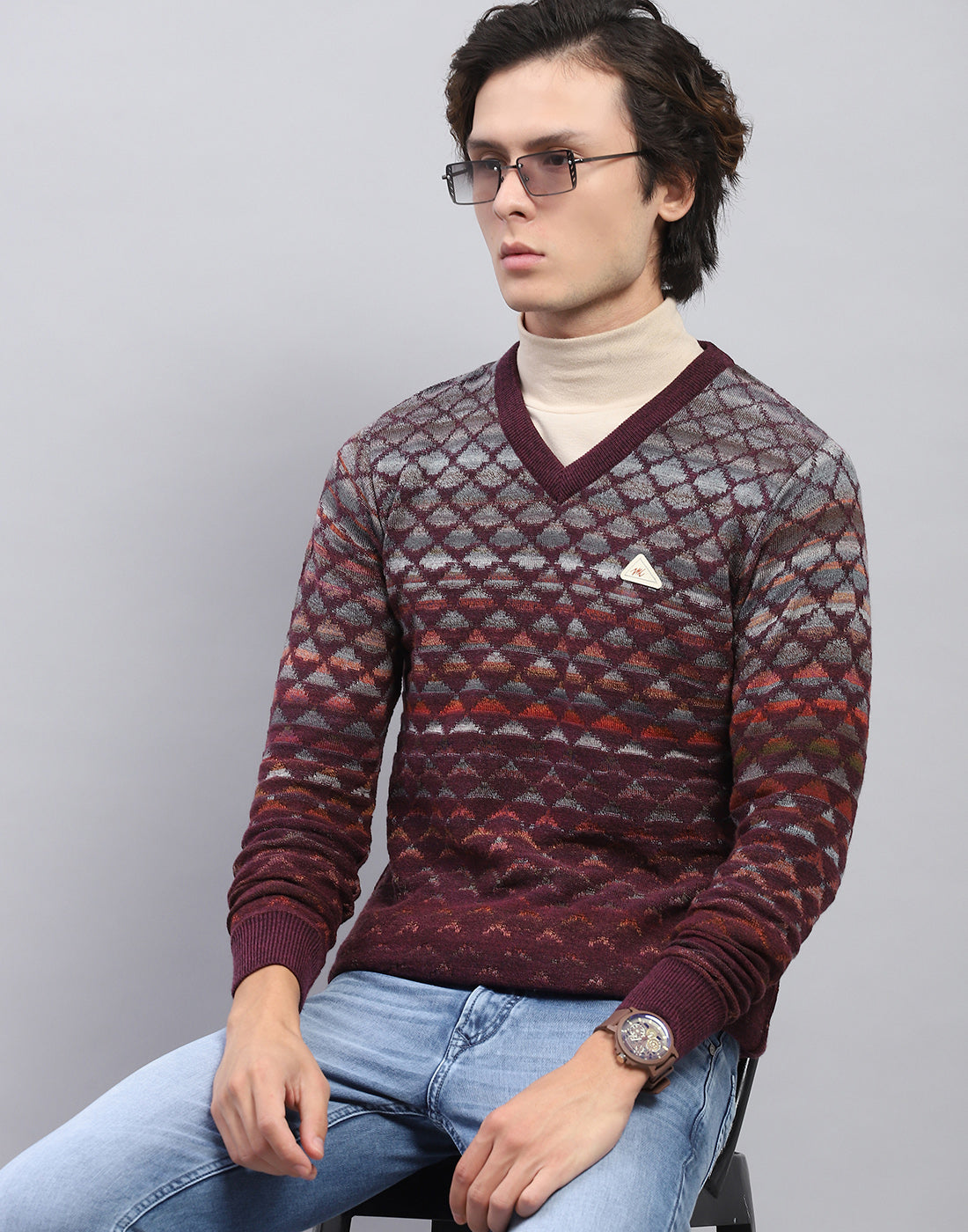 Men Maroon Self Design V Neck Full Sleeve Pullover