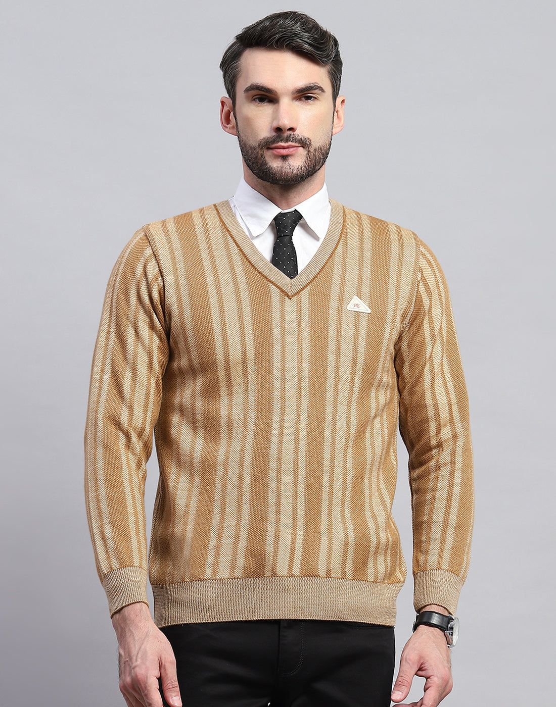 Men Beige Stripe V Neck Full Sleeve Pullover