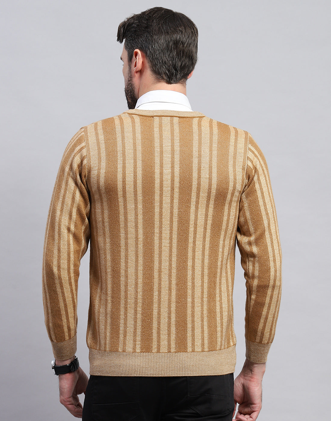 Men Beige Stripe V Neck Full Sleeve Pullover