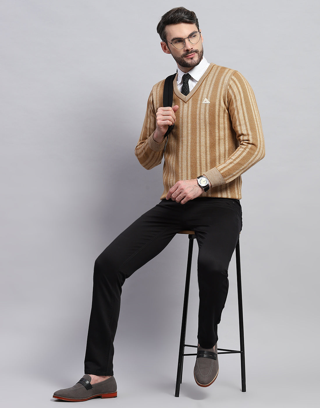 Men Beige Stripe V Neck Full Sleeve Pullover