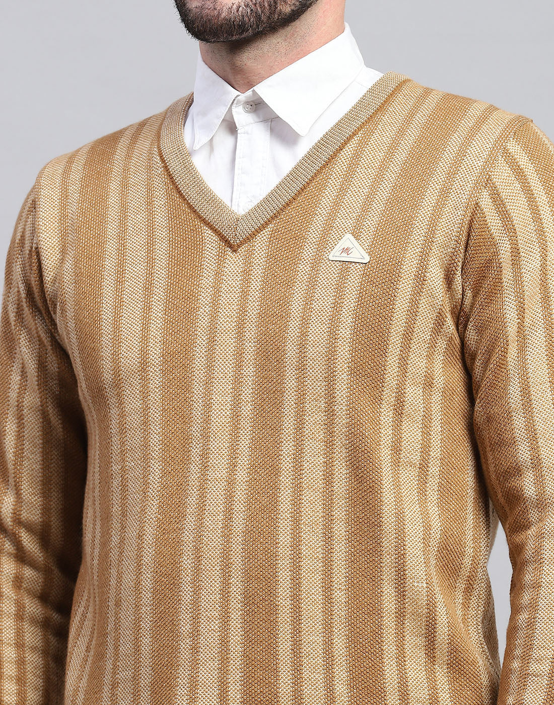 Men Beige Stripe V Neck Full Sleeve Pullover