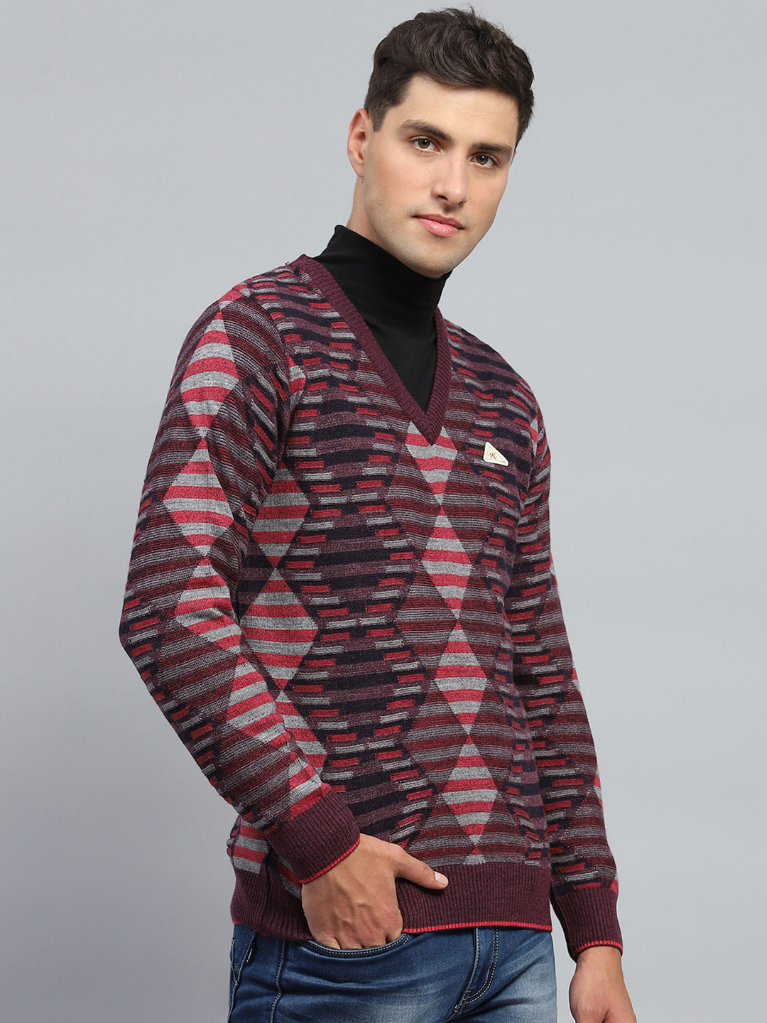 Men Maroon Stripe V Neck Full Sleeve Pullover