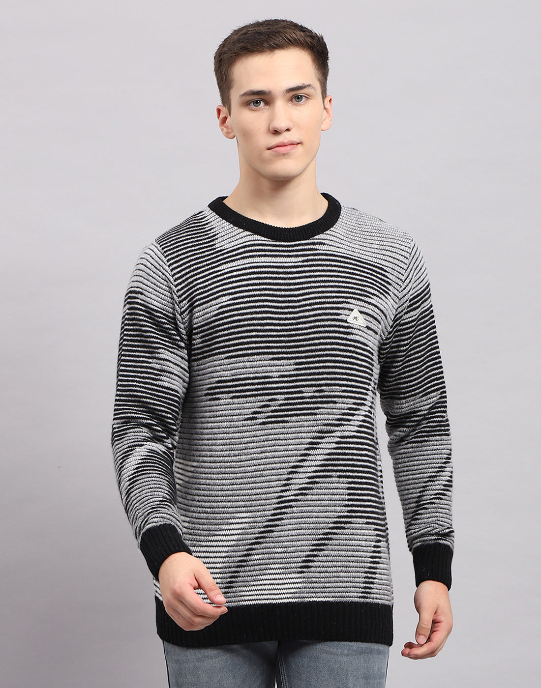 Men Black Self Design Round Neck Full Sleeve Pullover