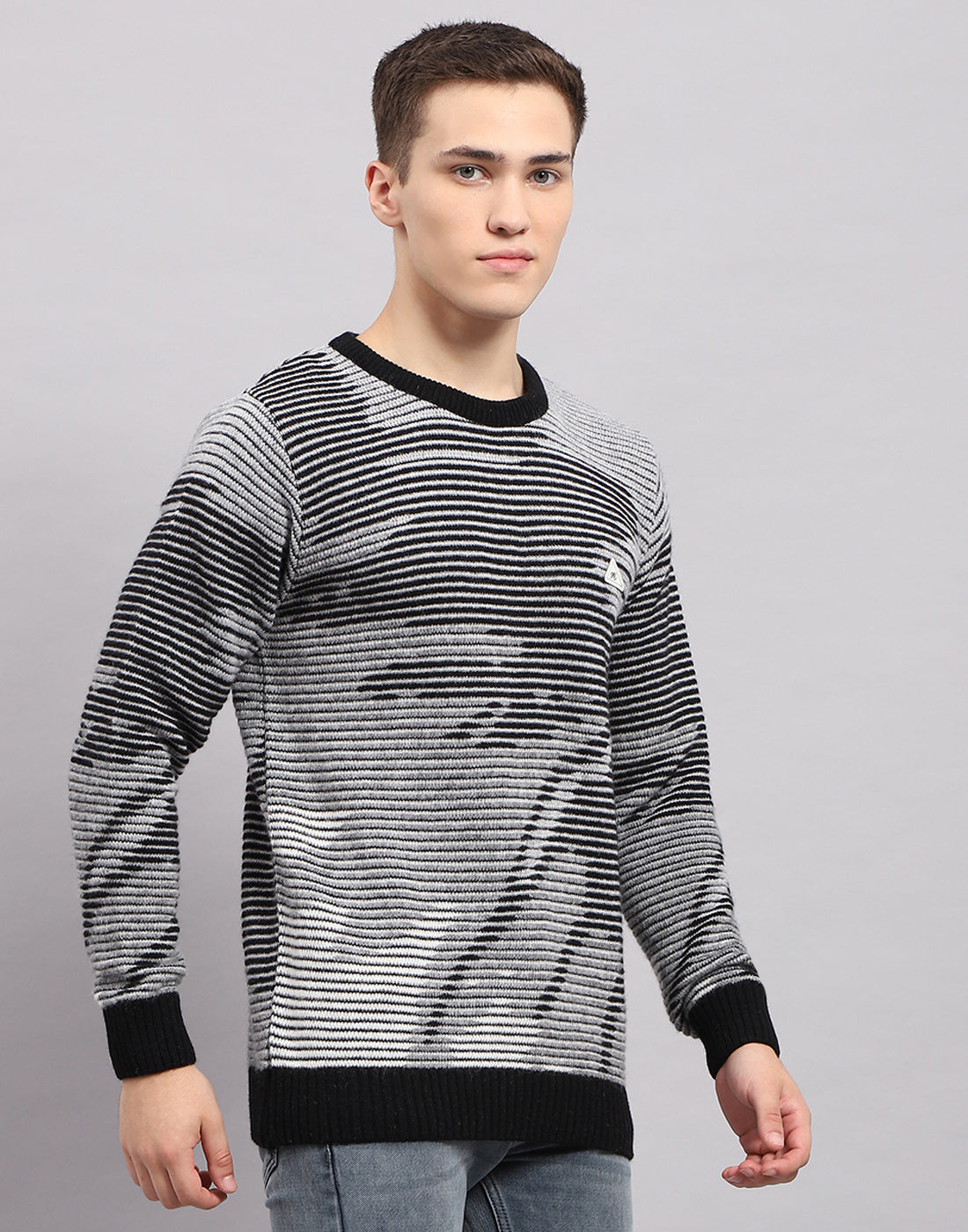 Men Black Self Design Round Neck Full Sleeve Pullover