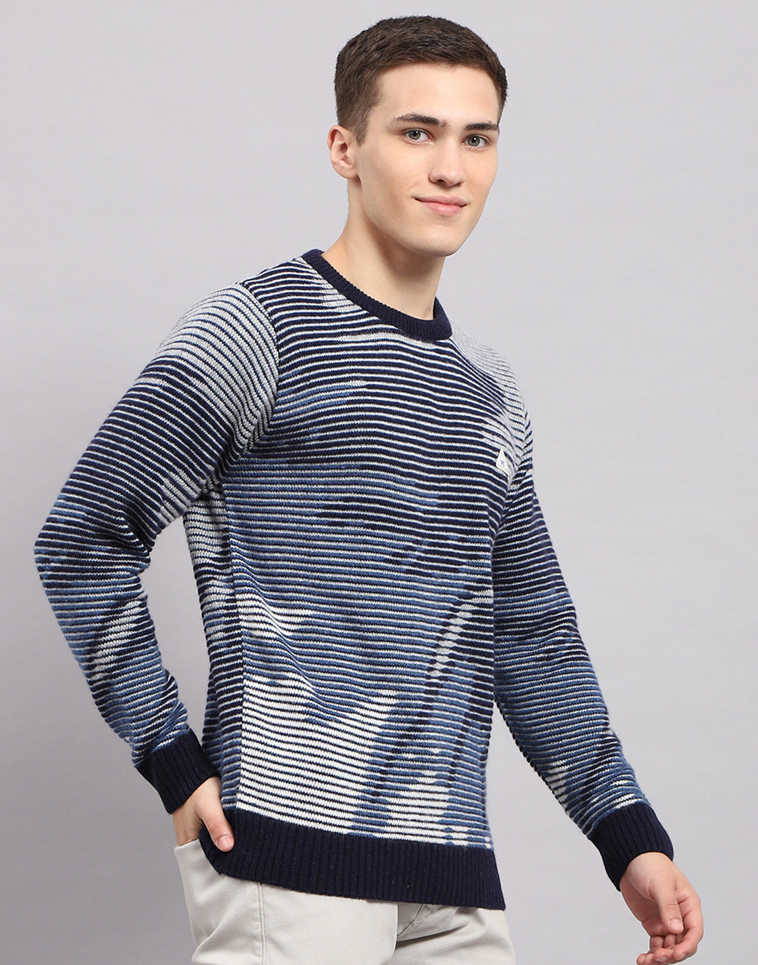 Men Navy Blue Self Design Round Neck Full Sleeve Pullover