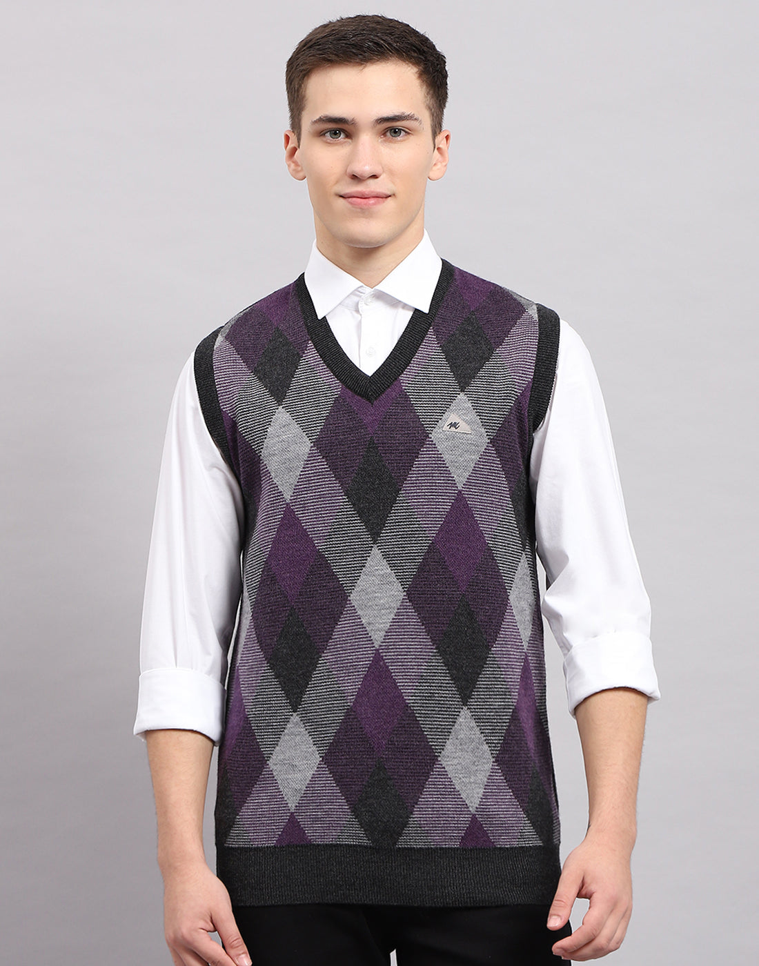 Men Grey Stripe V Neck Sleeveless Sweater