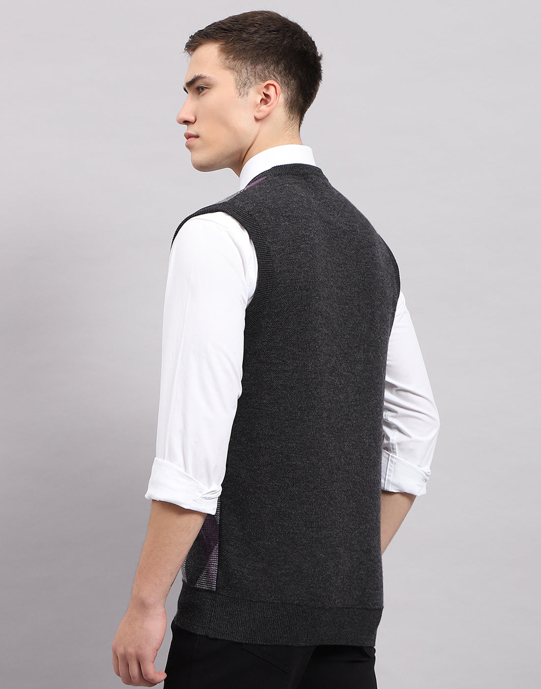 Men Grey Stripe V Neck Sleeveless Sweater