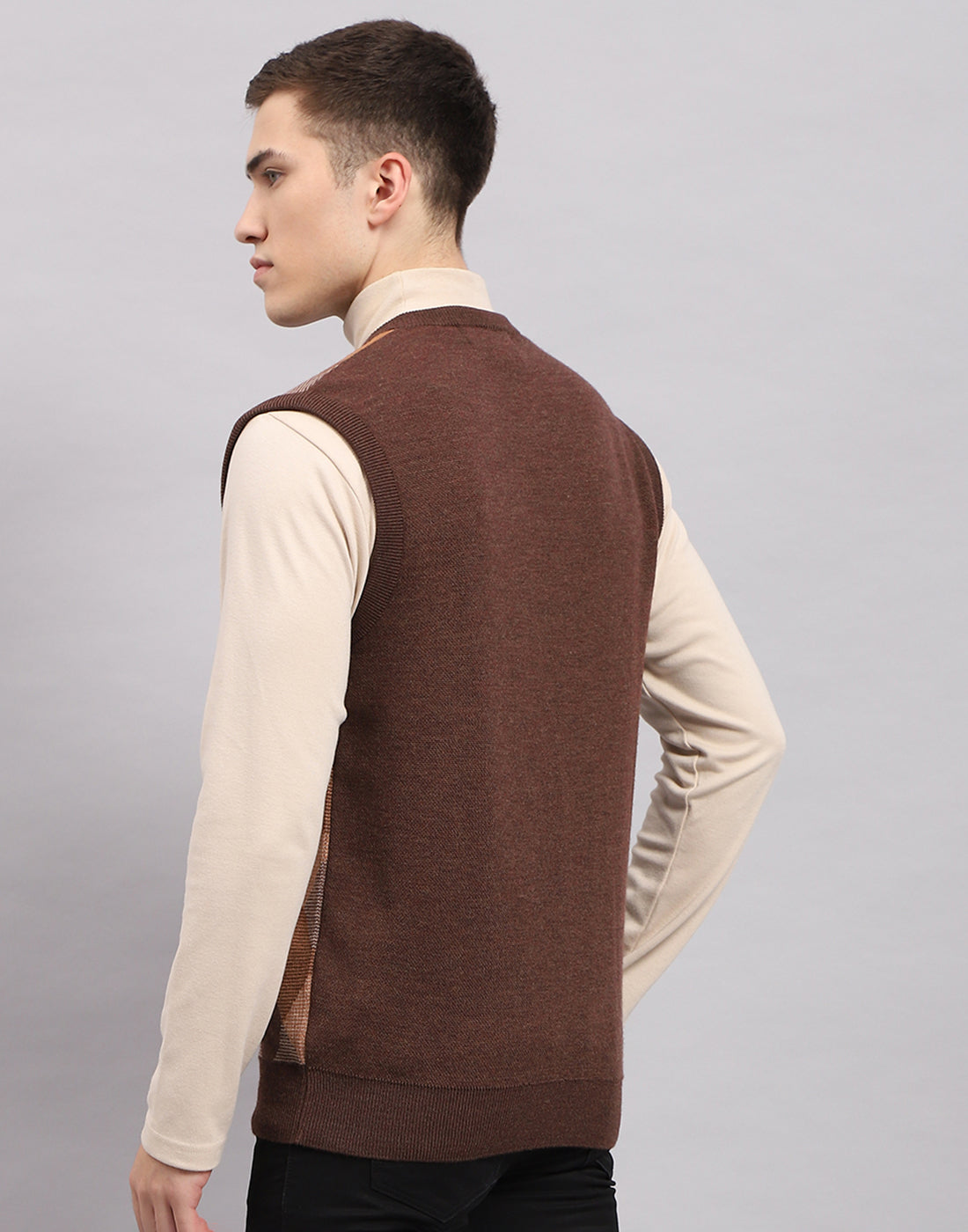 Men Brown Self Design V Neck Sleeveless Sweater