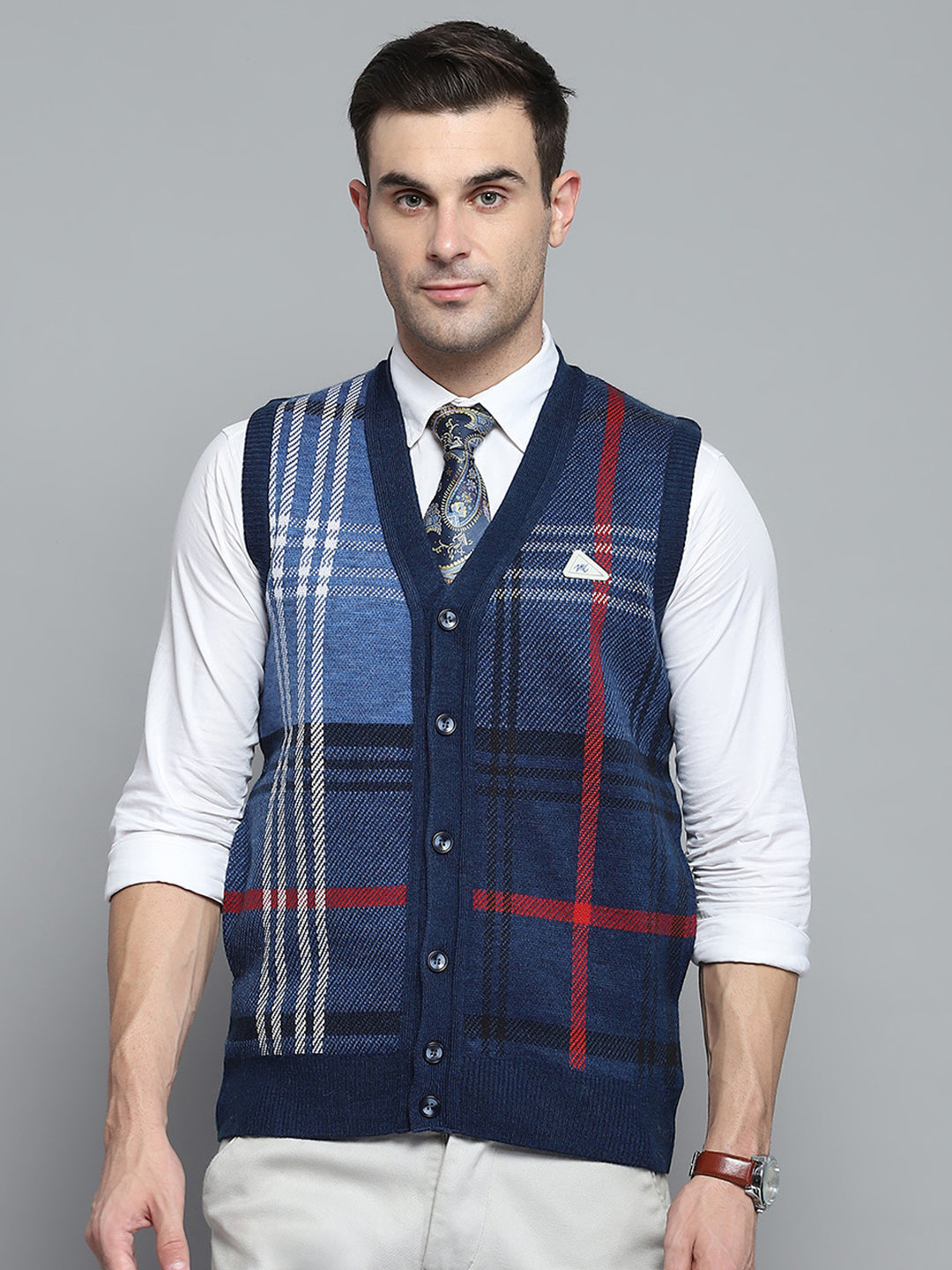 Men Blue Self Design V Neck Sleeveless Cardigan