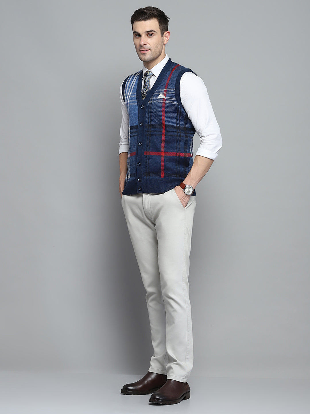 Men Blue Self Design V Neck Sleeveless Cardigan