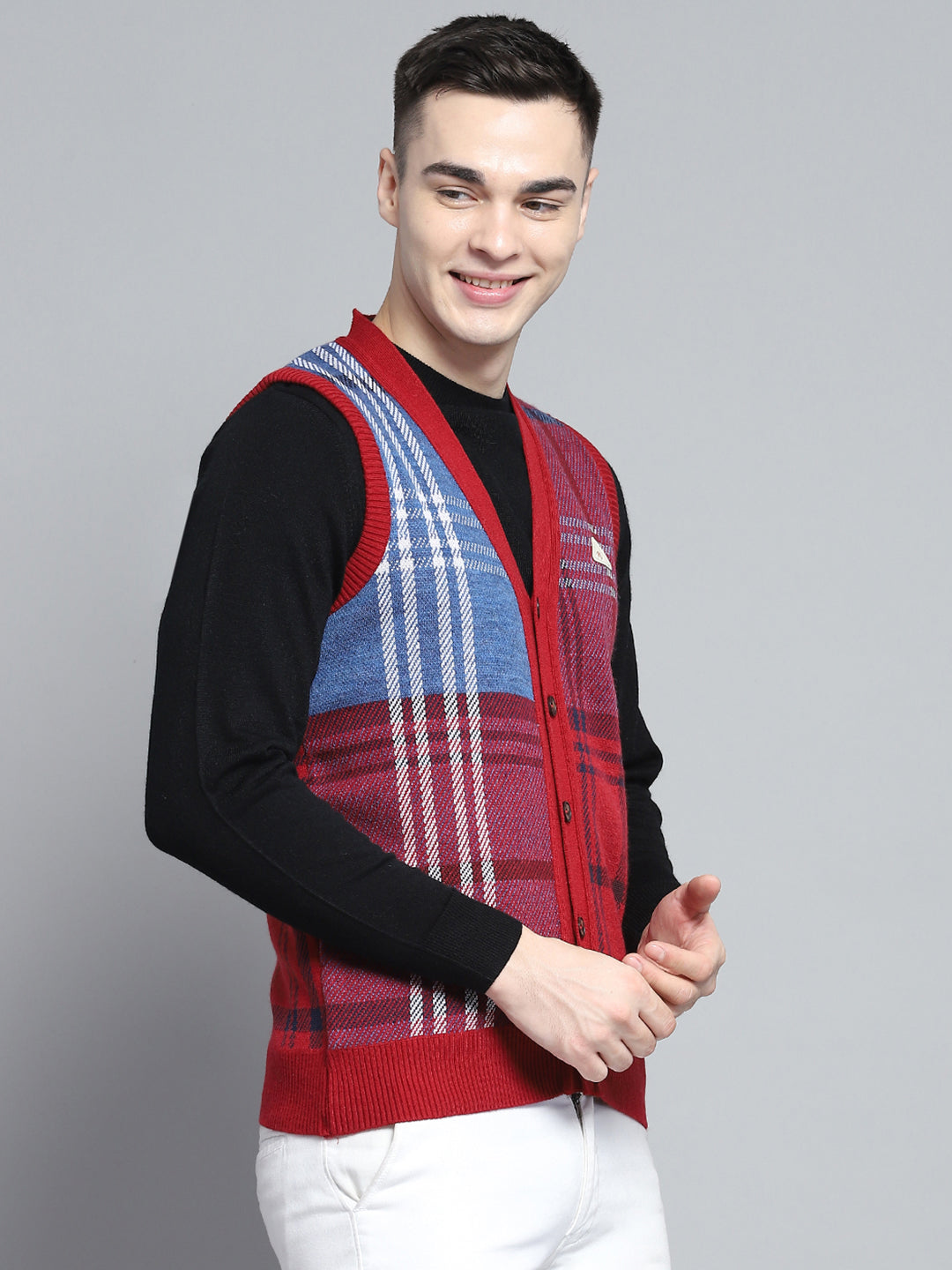 Men Red Self Design V Neck Sleeveless Cardigan