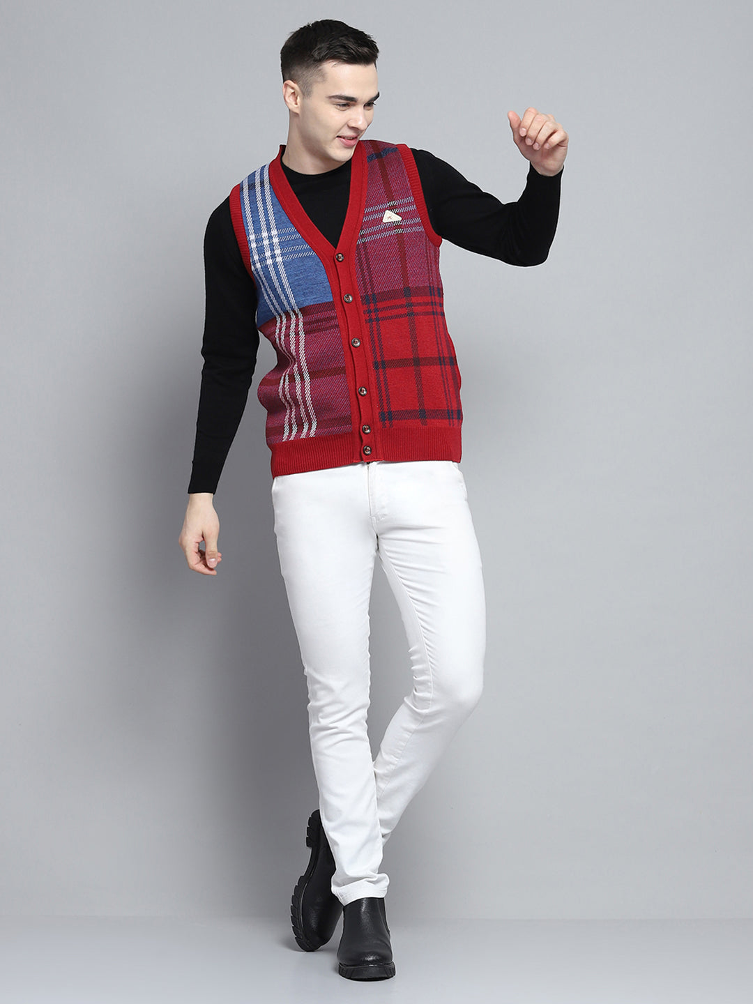 Men Red Self Design V Neck Sleeveless Cardigan