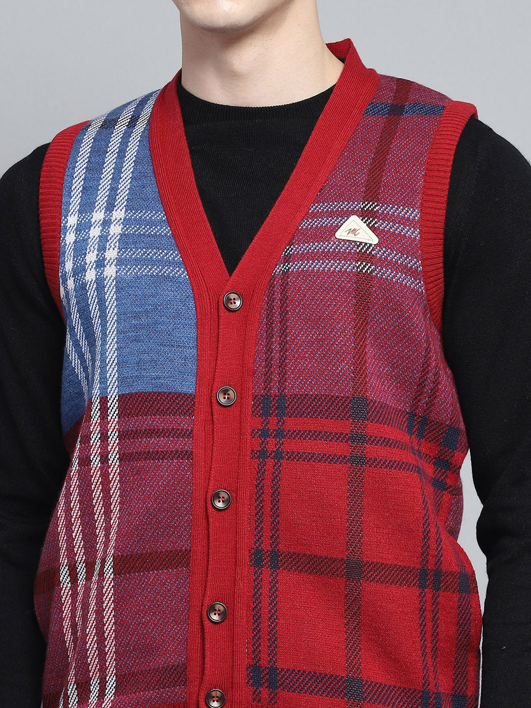 Men Red Self Design V Neck Sleeveless Cardigan