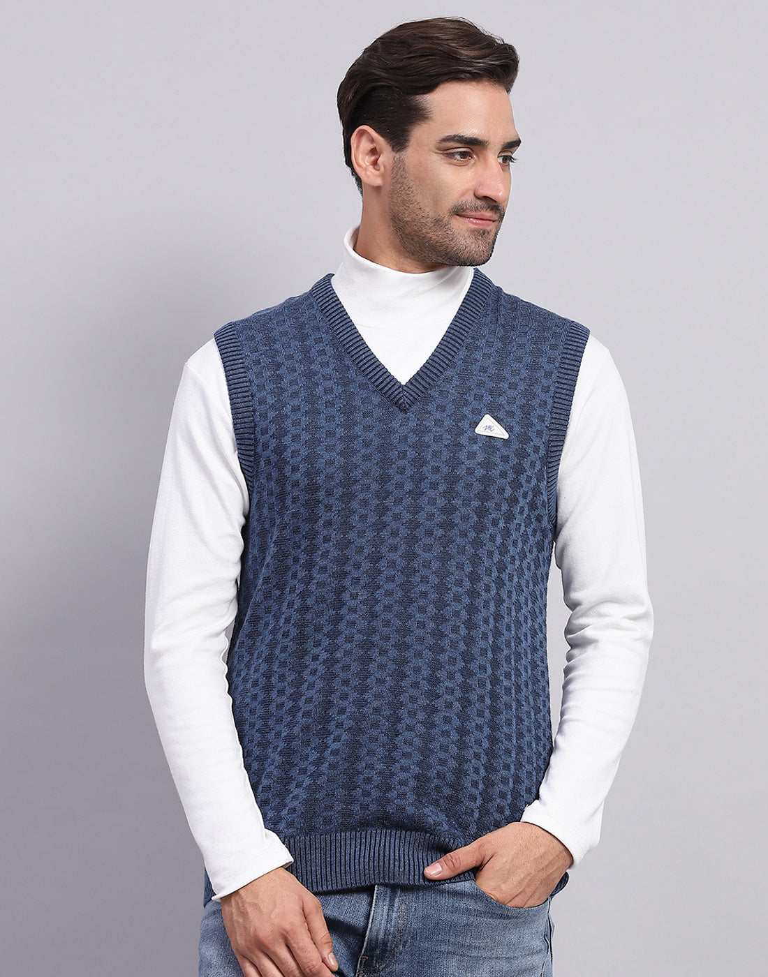 Men Blue Self Design V Neck Sleeveless Sweater